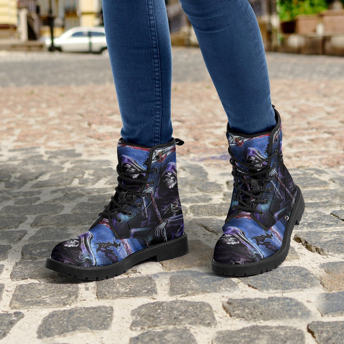 Skull reaper boots for men women, Gothic boots for biker, skeleton horror skull boots, Punisher skull grim reaper leather skull boots shoes