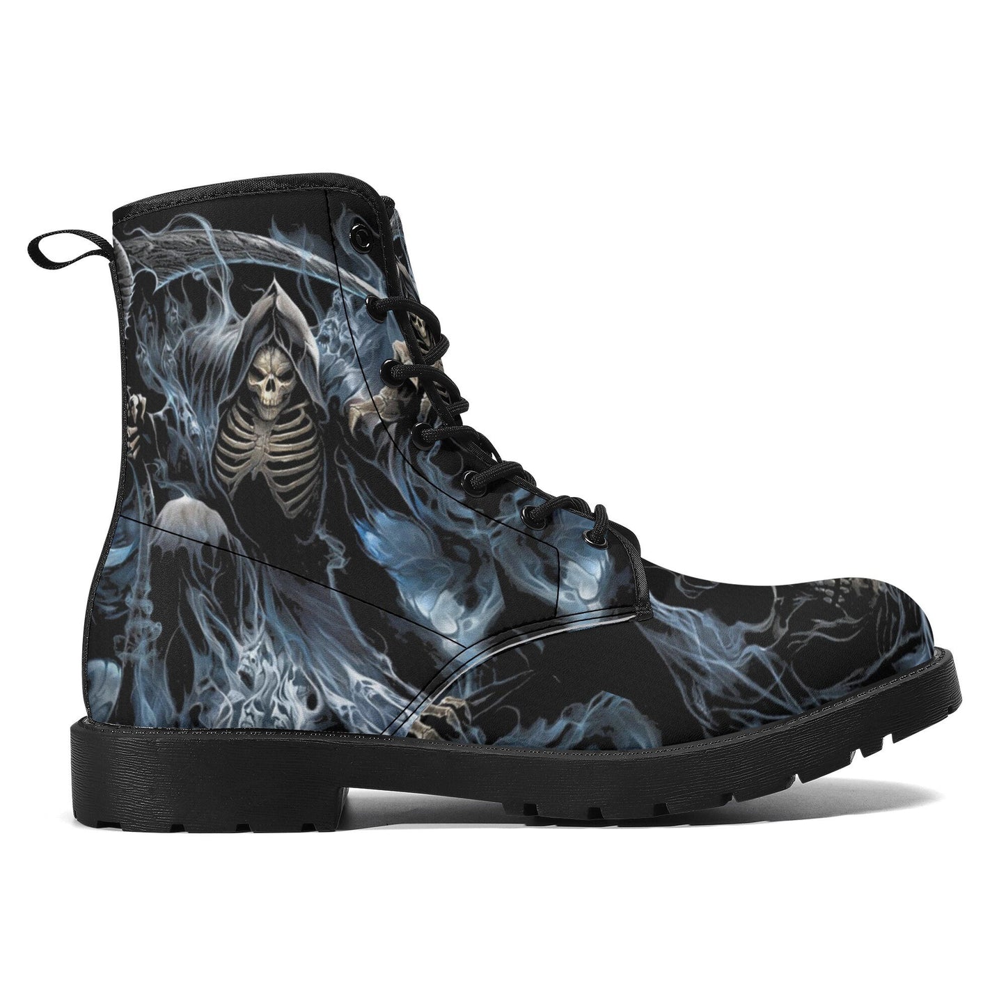 Grim reaper skull men women boots, Punisher horror gothic boots, Halloween skull boots, Skeleton skull grim reaper leather rose skull boots