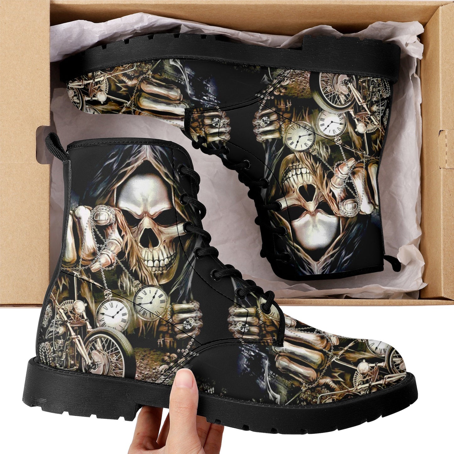 Grim reaper men women boots, Punisher horror Biker skull boots, Halloween skull boots, Motorcycle skull grim reaper leather rose skull boots