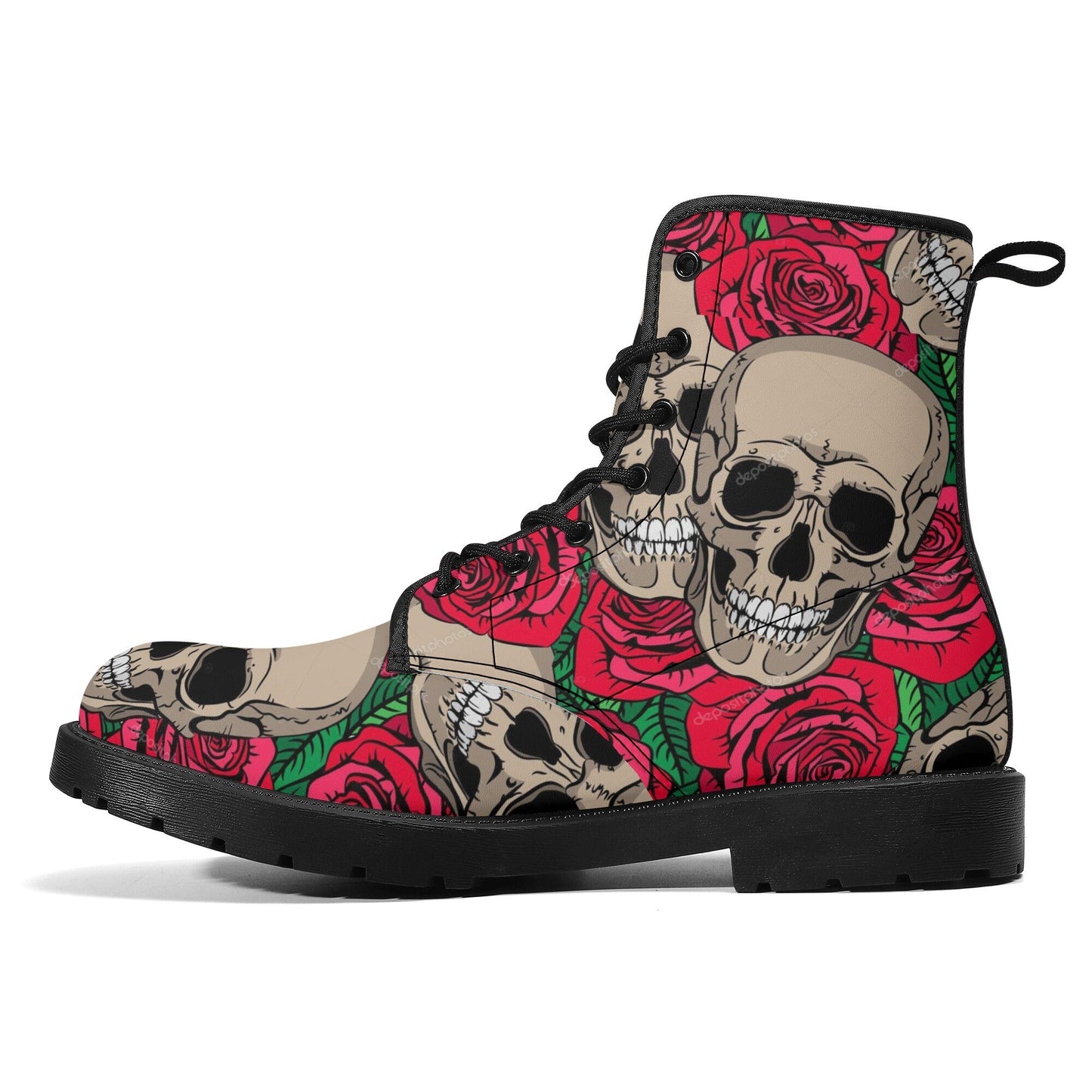 Floral skull leather boots men women, Halloween Skeleton skull boots Gothic pattern boots Floral skull punisher leather boots shoes sneakers