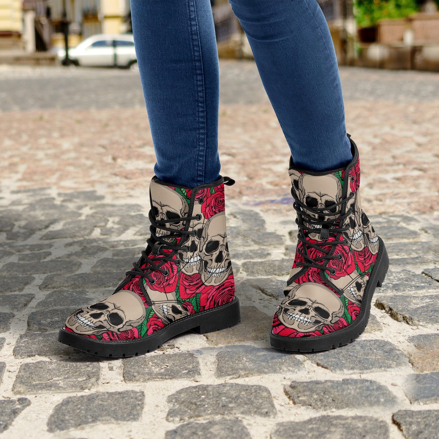 Floral skull leather boots men women, Halloween Skeleton skull boots Gothic pattern boots Floral skull punisher leather boots shoes sneakers