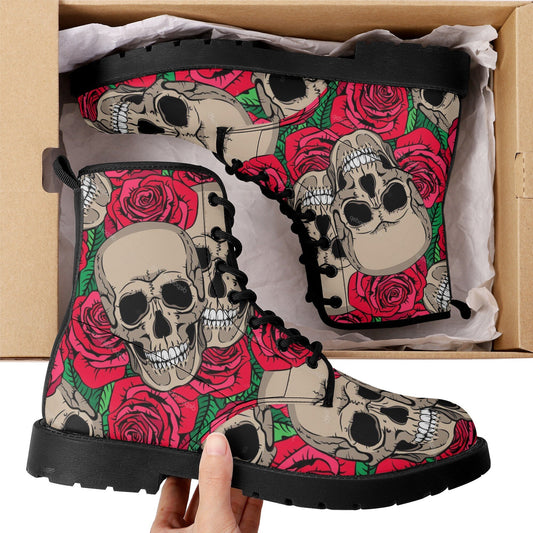 Floral skull leather boots men women, Halloween Skeleton skull boots Gothic pattern boots Floral skull punisher leather boots shoes sneakers
