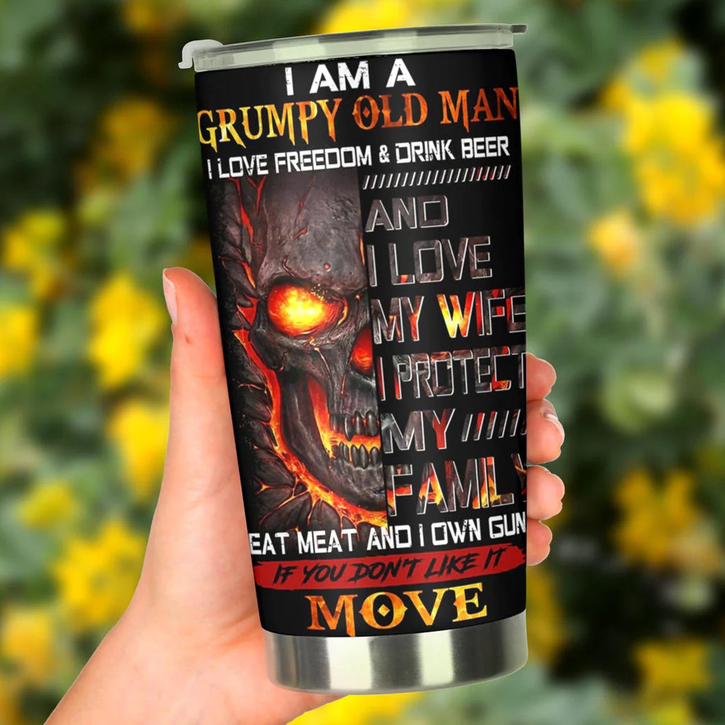 I am a grumpy old man skull tumbler cup, gothic flaming skull tumbler mug Halloween mug grim reaper horror skeleton punisher tumbler cup mug