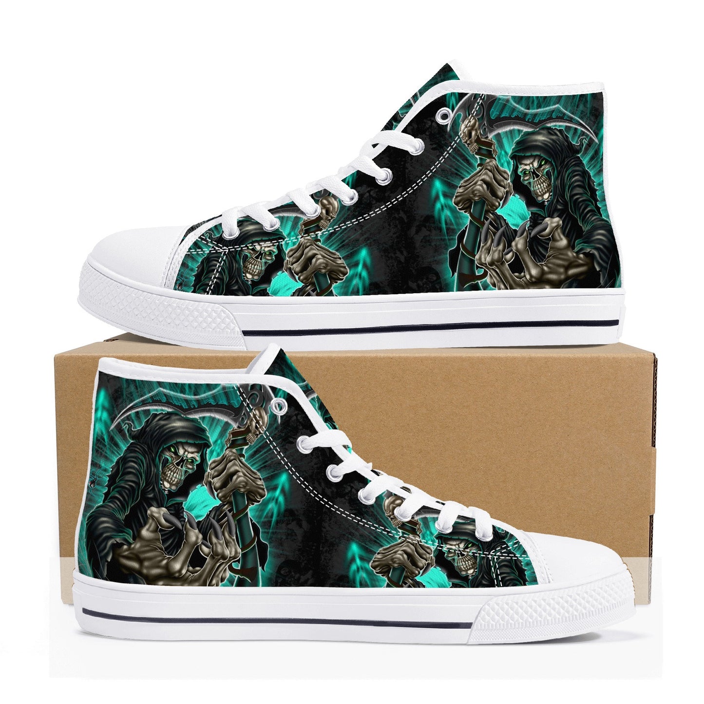 Grim reaper Goth men sneakers, punisher skull high-top shoes, skull in fire shoes, floral skull sneakers, grim reaper men shoes men shoes