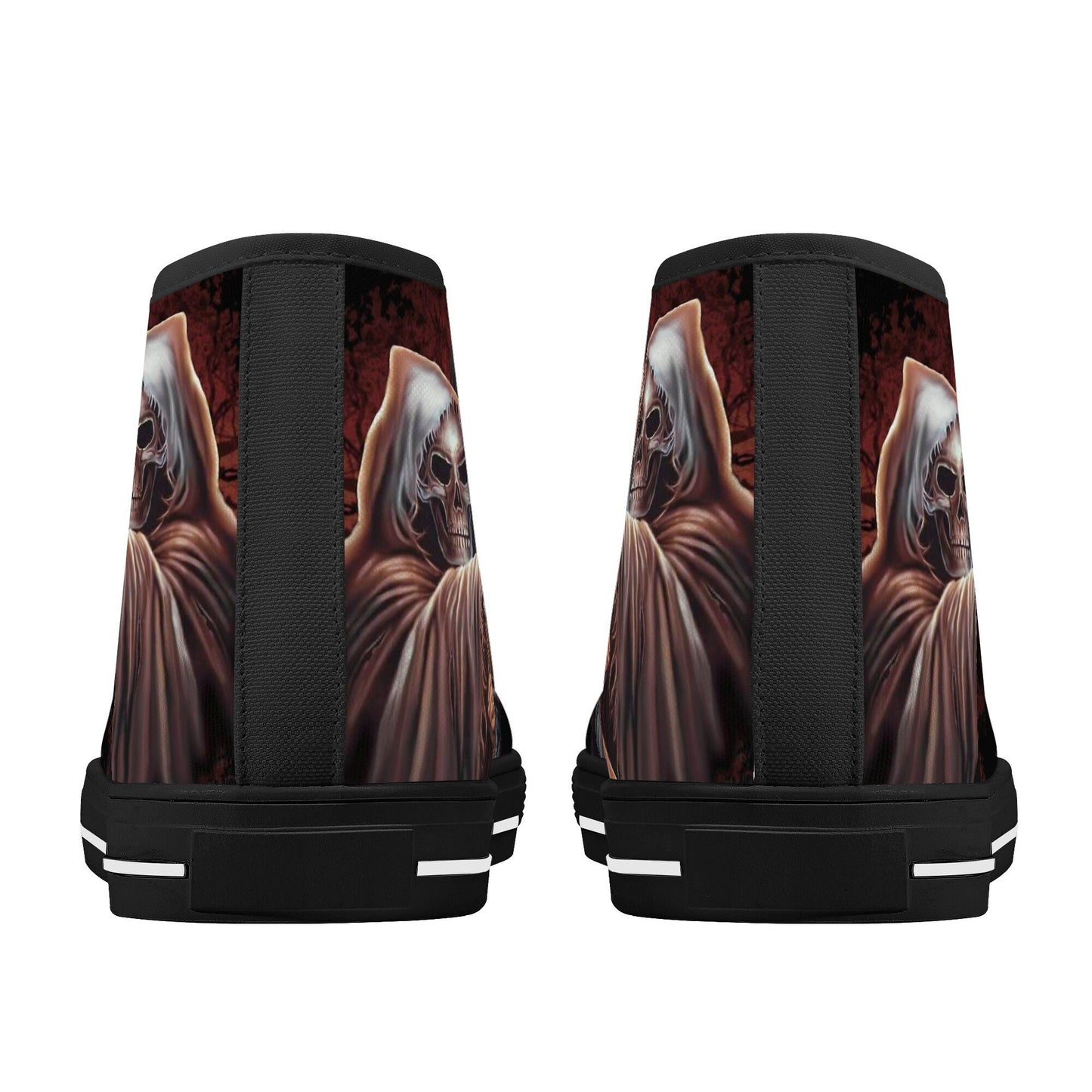 Grim reaper shoes for her, flame skull shoes gift, flower skull causual sneakers, horror shoes for her, biker skull hight top sneakers