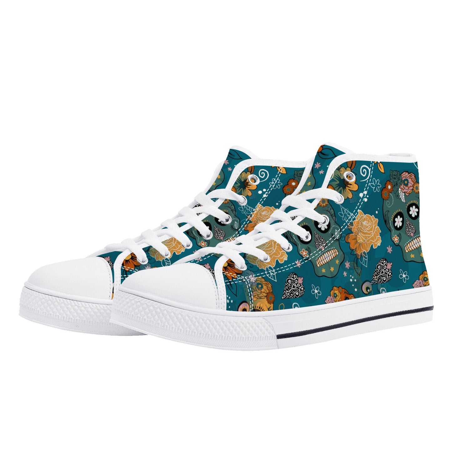Floral skull hight top sneakers, candy skull shoes, calaveras skull canvas shoes, sugar skull shoes gift, cinco de mayo skull canvas shoes