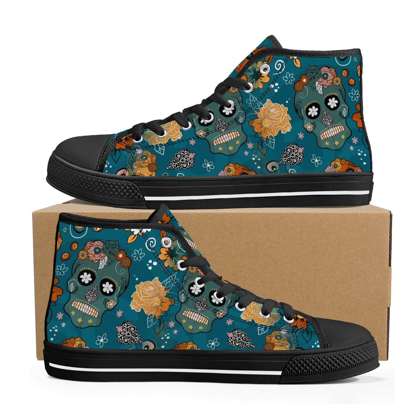 Floral skull hight top sneakers, candy skull shoes, calaveras skull canvas shoes, sugar skull shoes gift, cinco de mayo skull canvas shoes