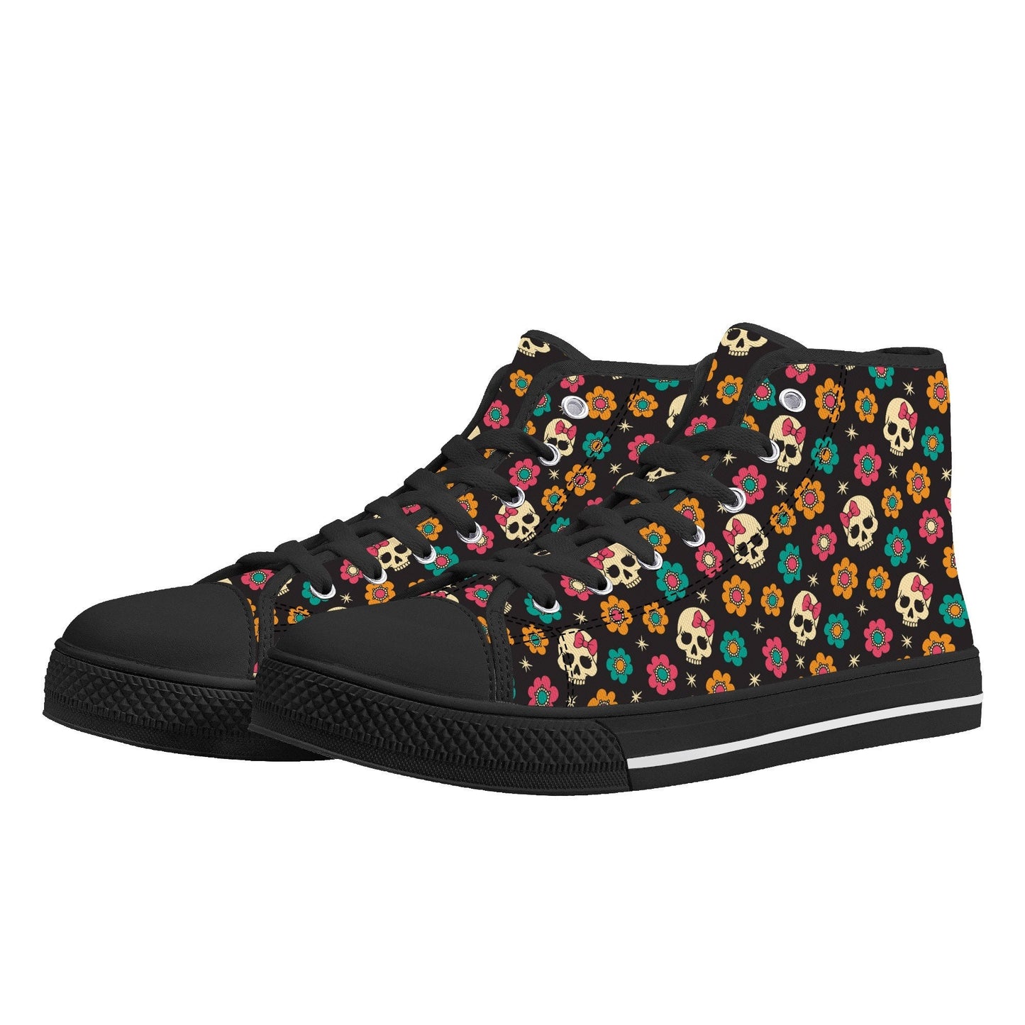 Flower skull shoes, halloween hight top sneakers, punisher skull women sneakers, motorcycle skull high-top shoes, halloween causual shoes