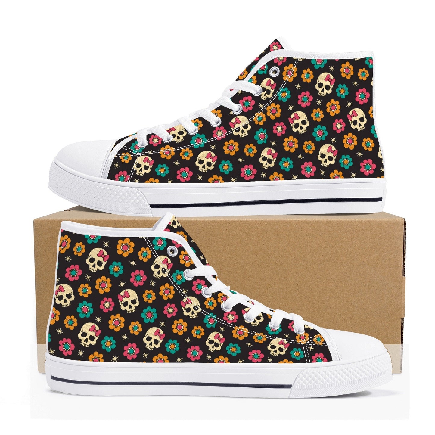 Flower skull shoes, halloween hight top sneakers, punisher skull women sneakers, motorcycle skull high-top shoes, halloween causual shoes
