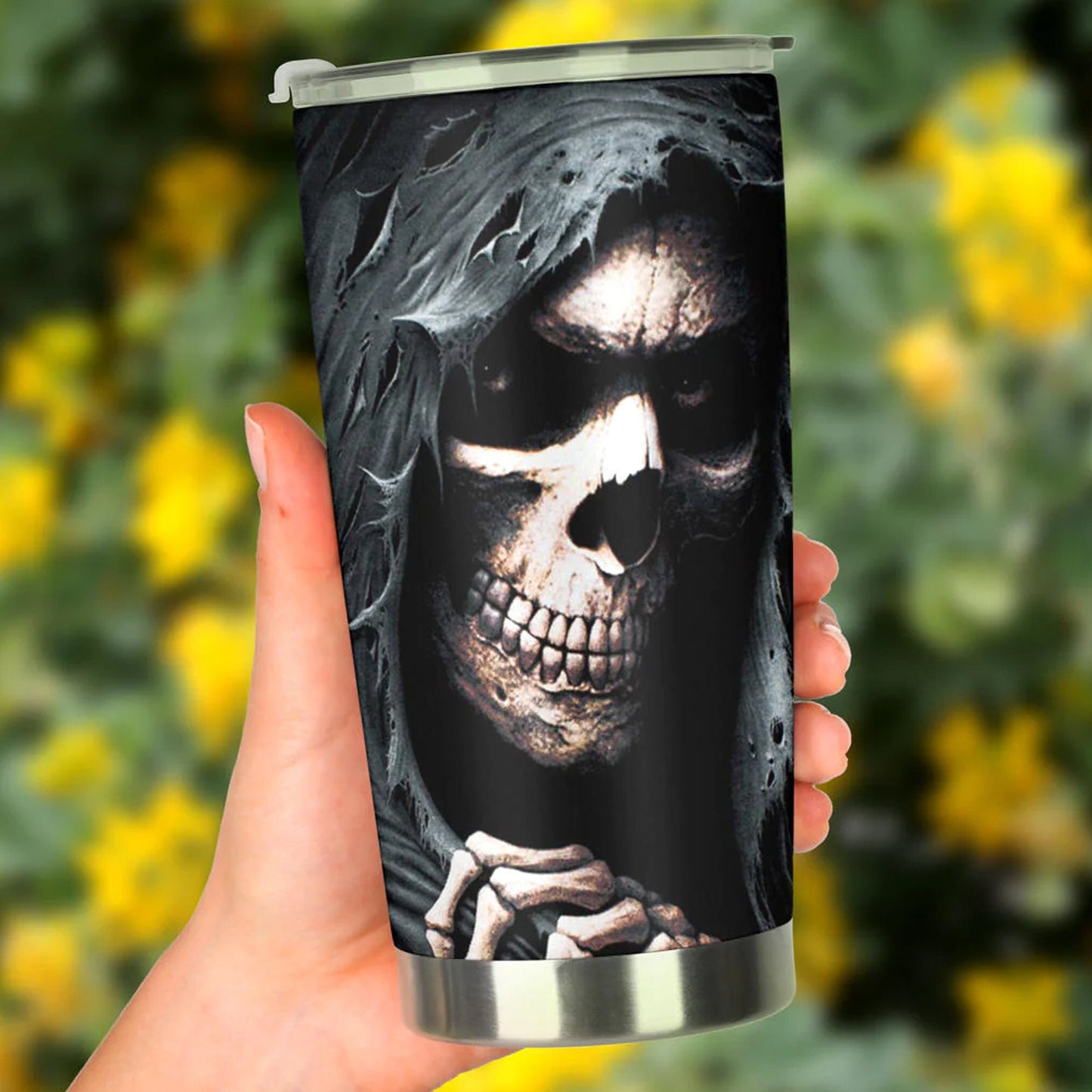 Death tumbler, evil travel mug, skeleton tumbler, skull tumbler, flame skull mug, halloween mug, flower skull travel mug, motorcycle skull