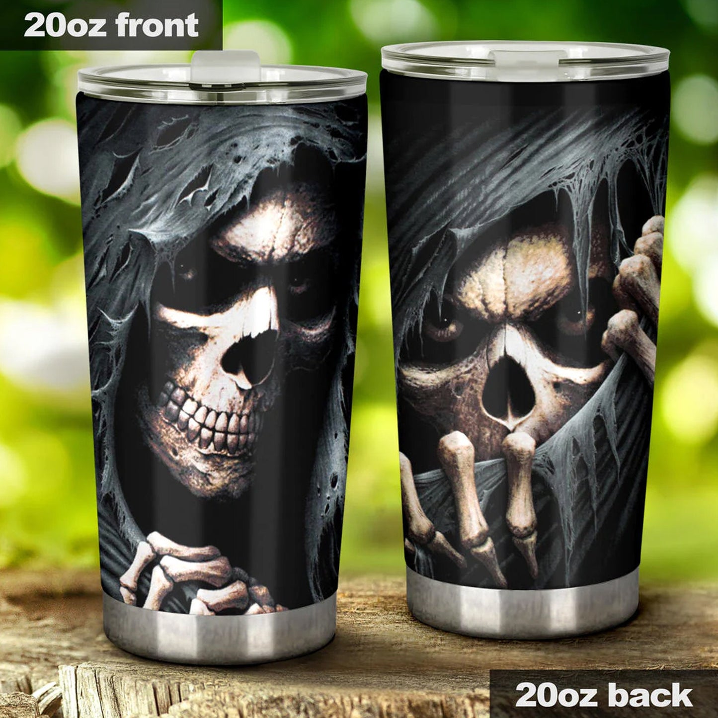 Death tumbler, evil travel mug, skeleton tumbler, skull tumbler, flame skull mug, halloween mug, flower skull travel mug, motorcycle skull