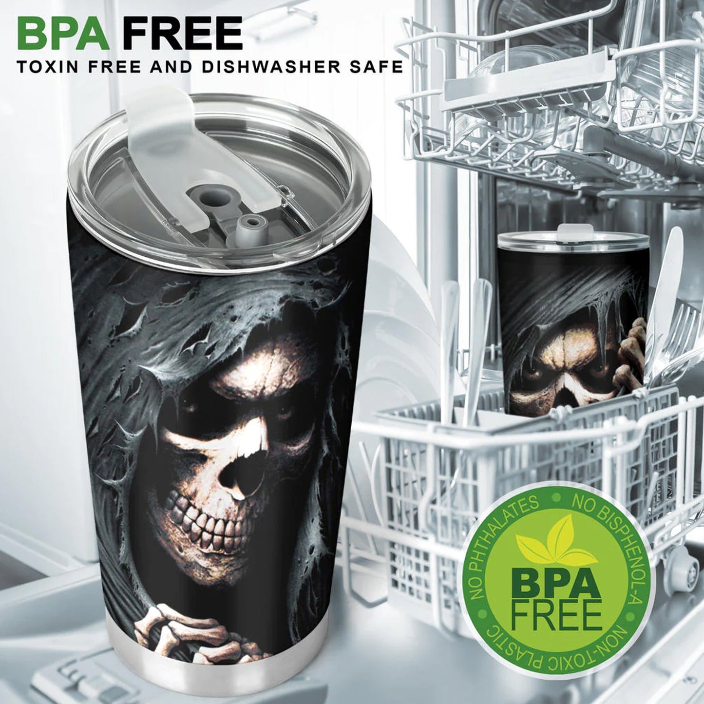 Death tumbler, evil travel mug, skeleton tumbler, skull tumbler, flame skull mug, halloween mug, flower skull travel mug, motorcycle skull