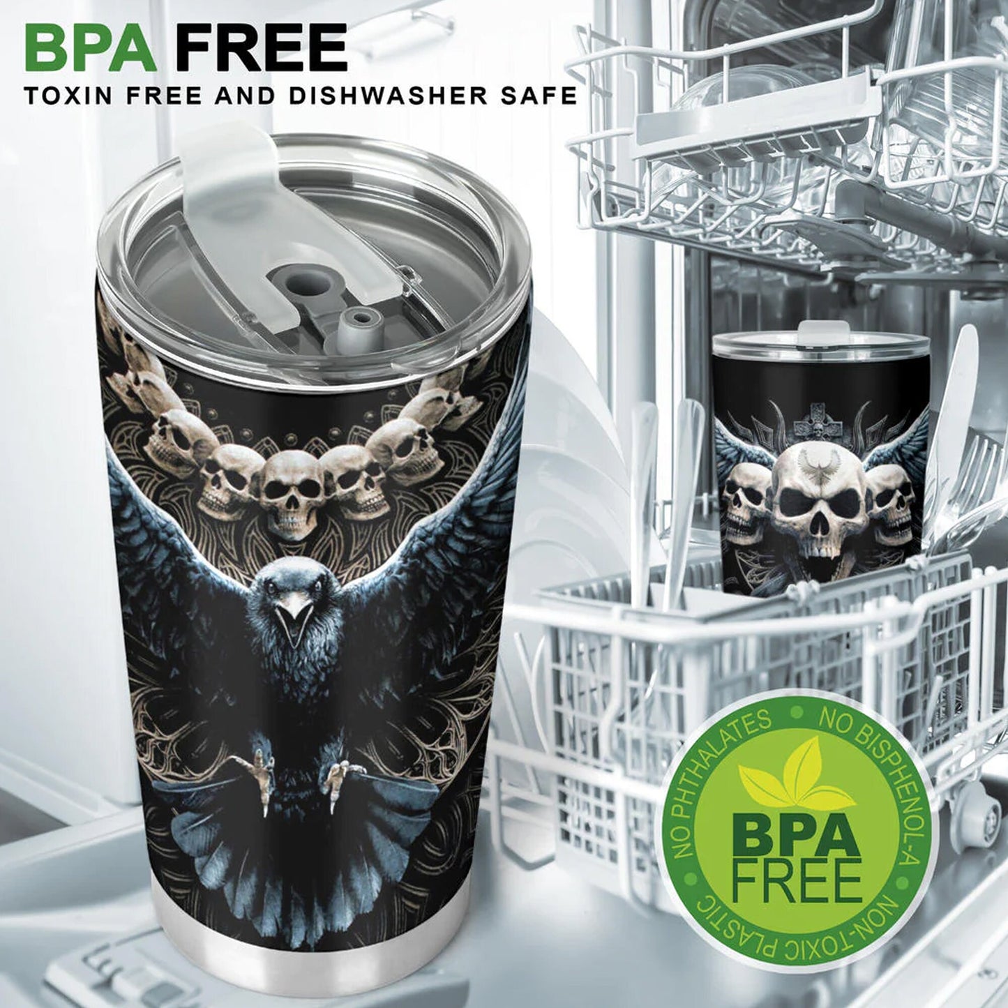 Gothic mug, motorcycle skull tumbler, skeleton tumbler, horror travel mug, skull bird tumbler cup, gothic tumbler, christmas cup, horror cup