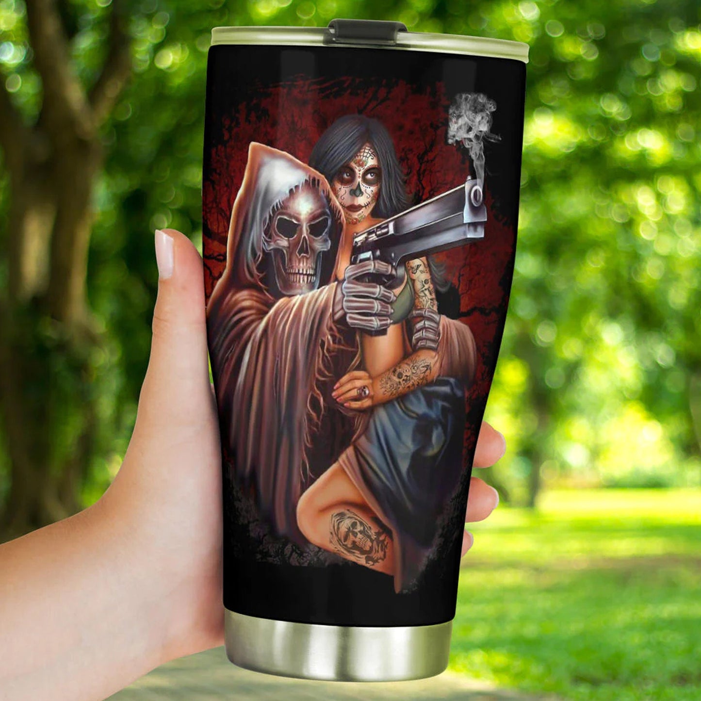 Flame skull travel mug, grim reaper mug, skeleton cup, grim reaper travel mug, flame skull tumbler, flaming skull tumbler, death travel mug