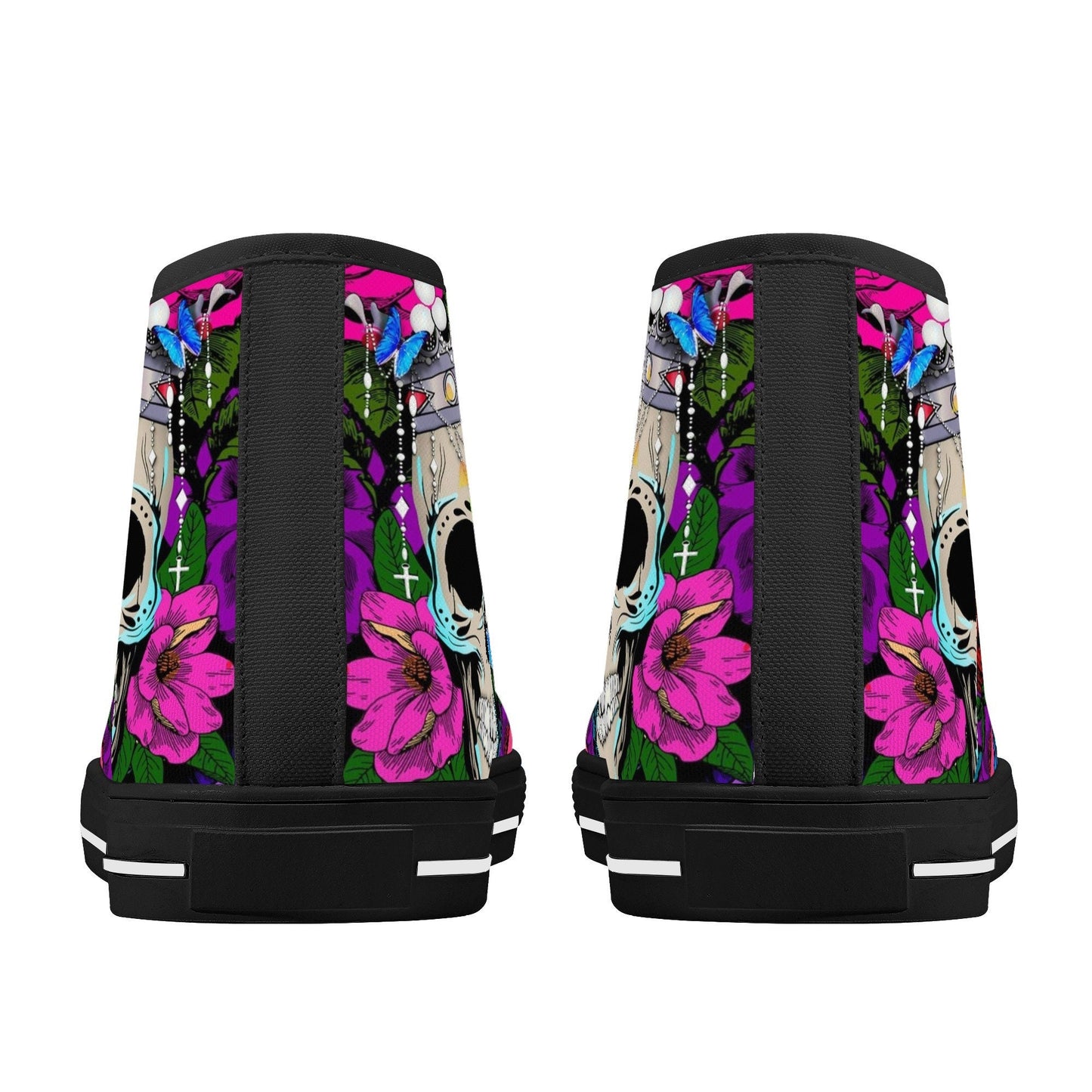 Flower skull high top shoes, flower skull shoes, floral skull women shoes biker skull women shoes motorcycle skull shoes for him, goth shoes
