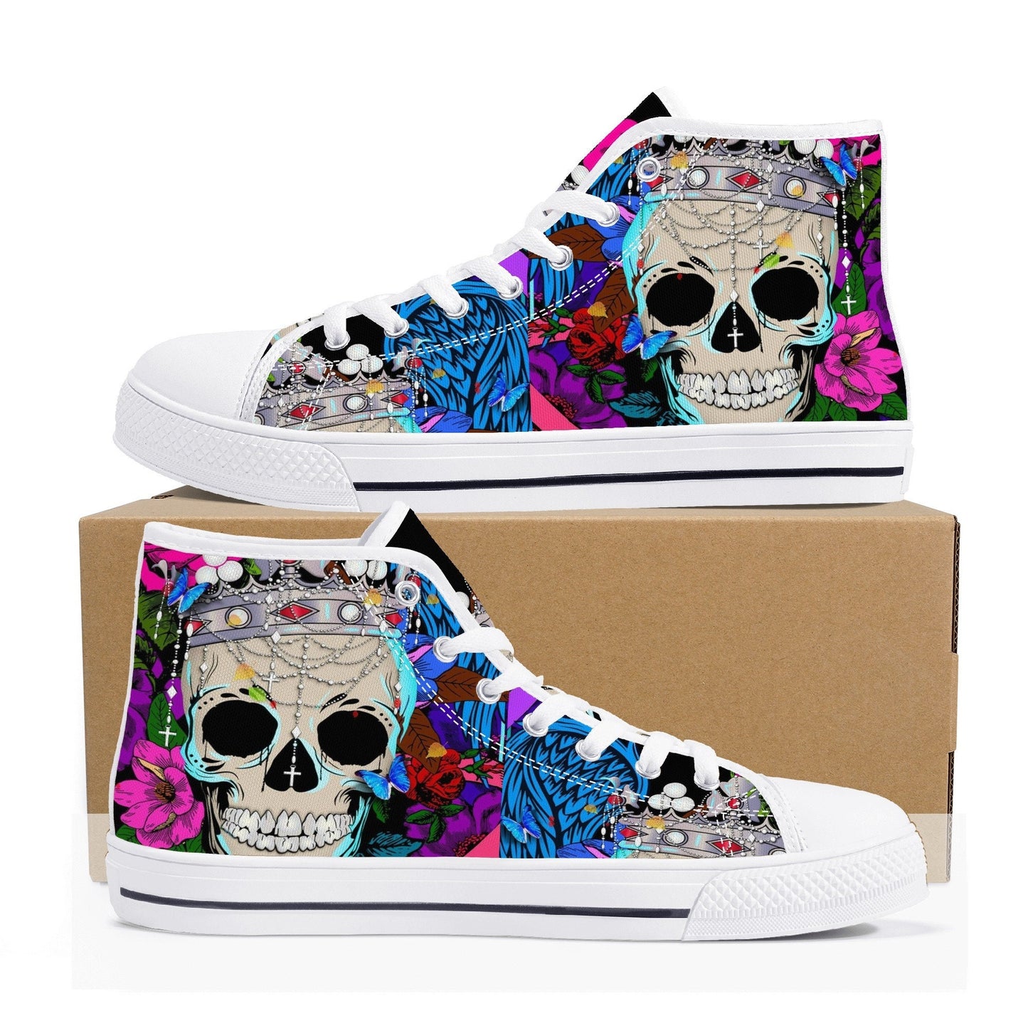 Flower skull high top shoes, flower skull shoes, floral skull women shoes biker skull women shoes motorcycle skull shoes for him, goth shoes