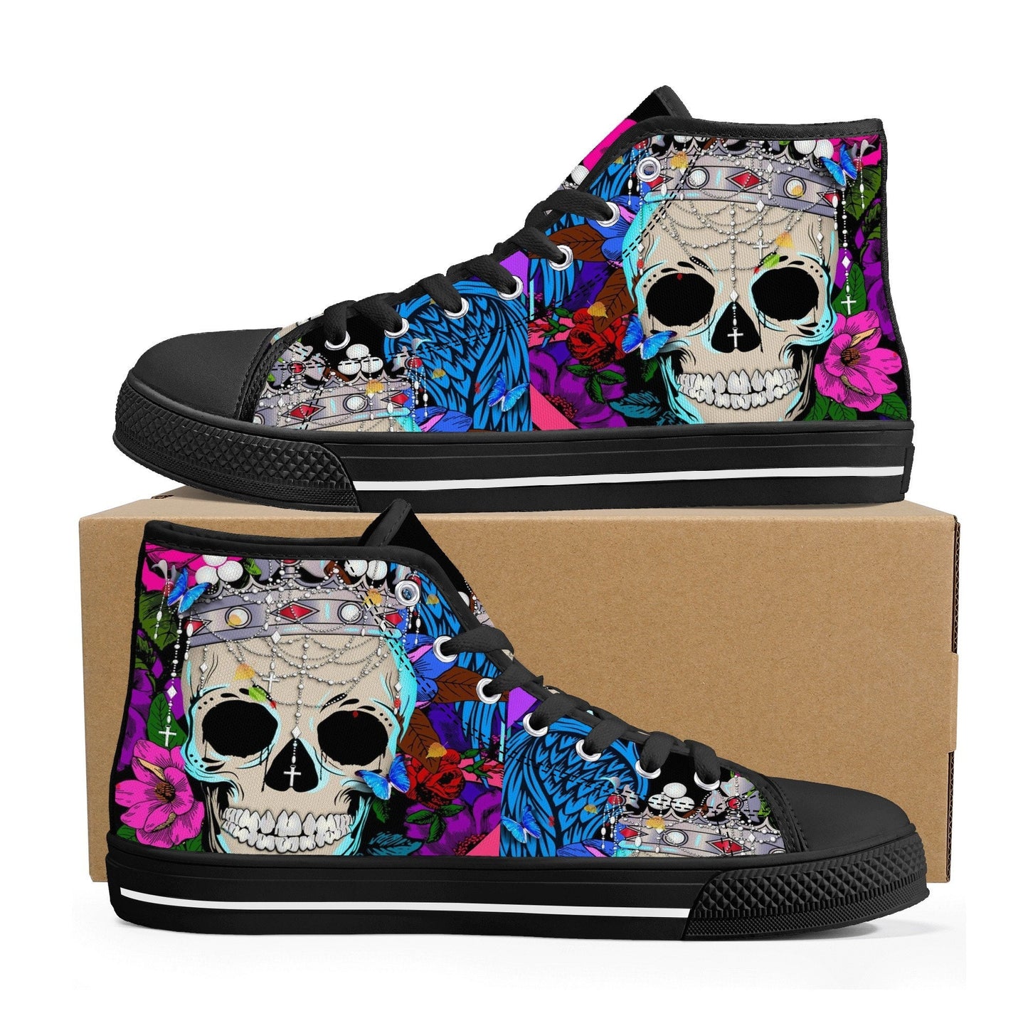 Flower skull high top shoes, flower skull shoes, floral skull women shoes biker skull women shoes motorcycle skull shoes for him, goth shoes