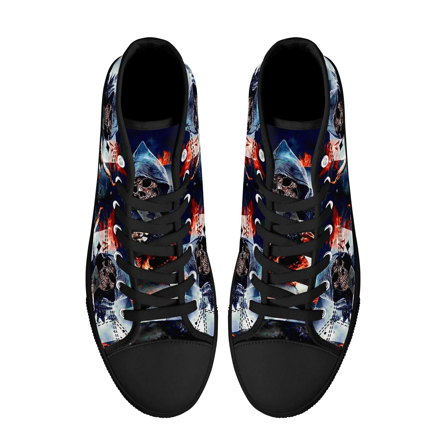 Gothic skull men sneakers, rose skull canvas shoes, horror shoes, skull in fire shoes gift, gothic skull high-top shoes, biker skull shoes