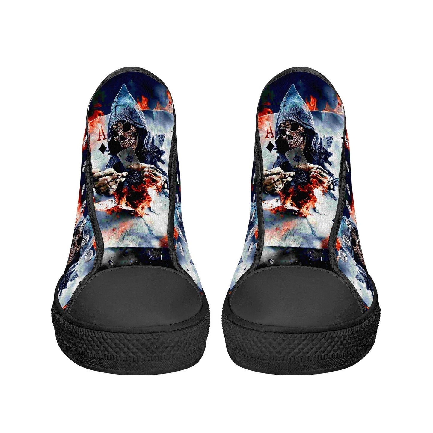 Gothic skull men sneakers, rose skull canvas shoes, horror shoes, skull in fire shoes gift, gothic skull high-top shoes, biker skull shoes
