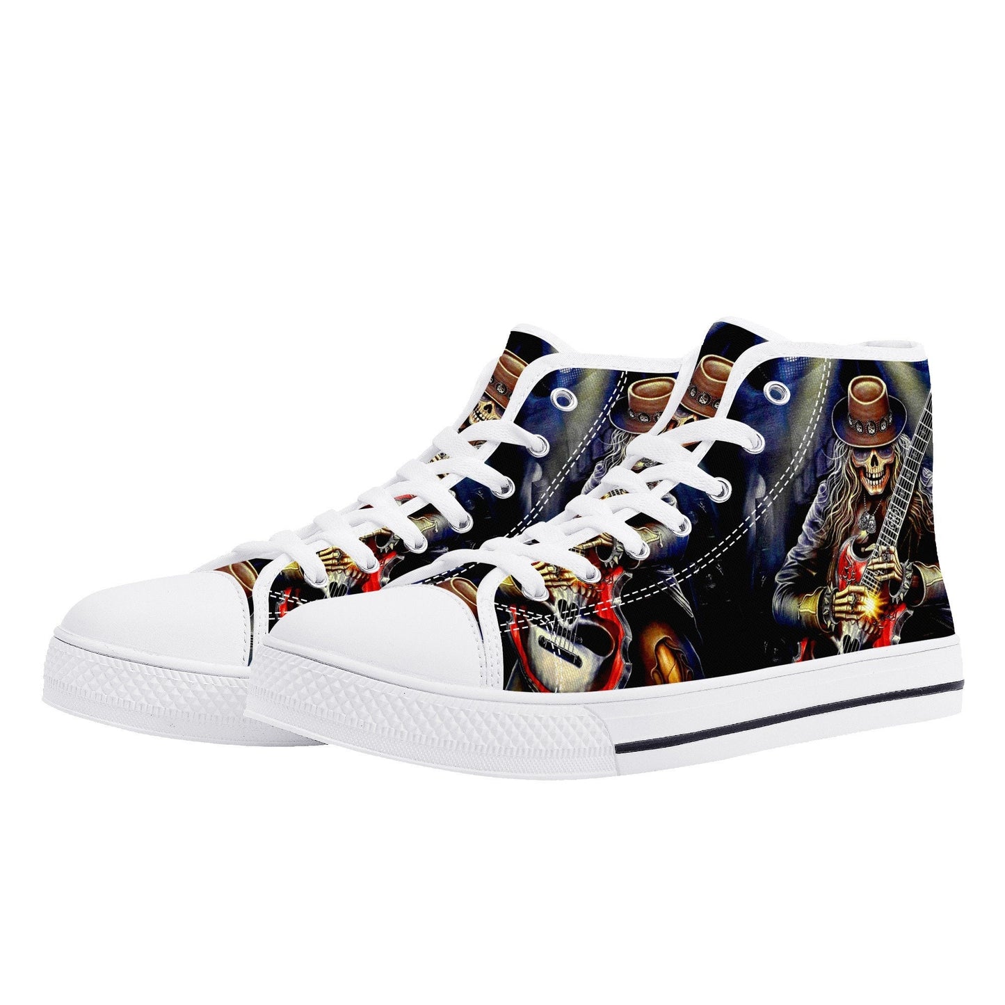Guitarist skull high top shoes, goth high-top shoes, floral skull shoes for her, biker skull men sneakers, skeleton gothic women sneakers