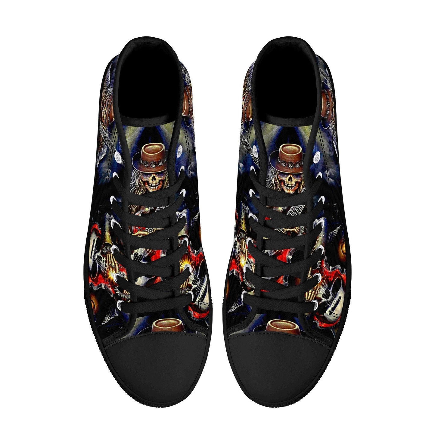 Guitarist skull high top shoes, goth high-top shoes, floral skull shoes for her, biker skull men sneakers, skeleton gothic women sneakers