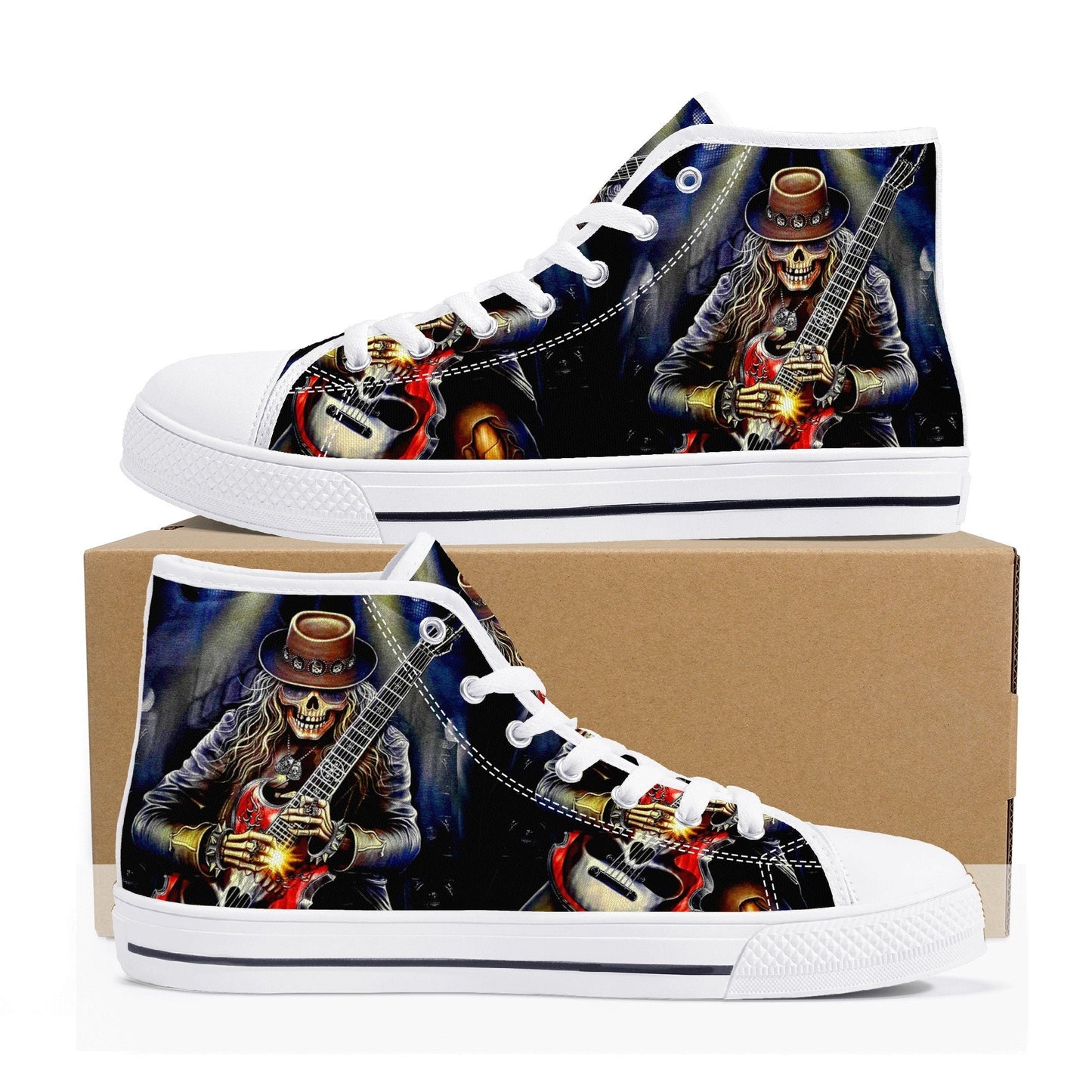 Guitarist skull high top shoes, goth high-top shoes, floral skull shoes for her, biker skull men sneakers, skeleton gothic women sneakers