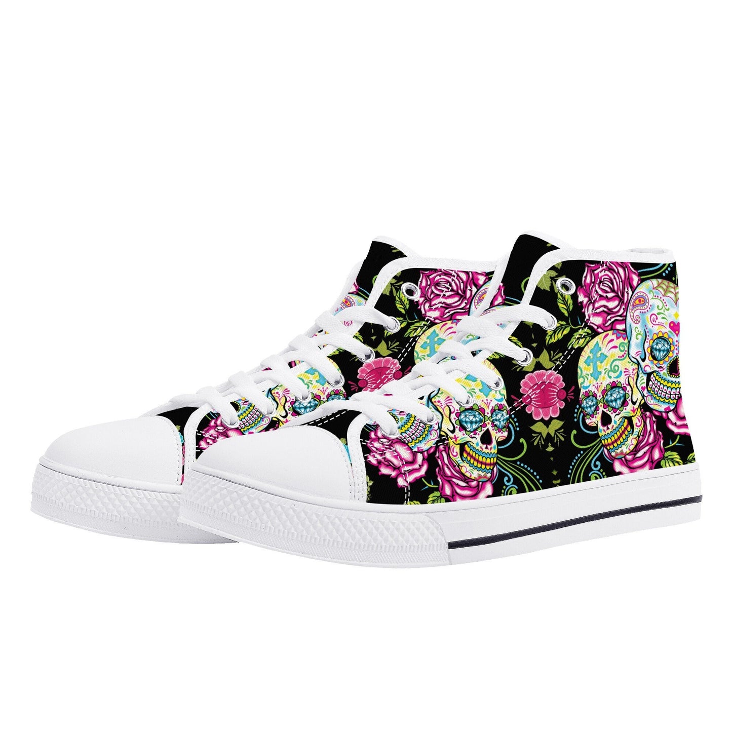 Day of the dead high-top shoes, mexico canvas shoes, floral skull shoes gift, cinco de mayo skull high-top shoes, sugar skull high-top shoes