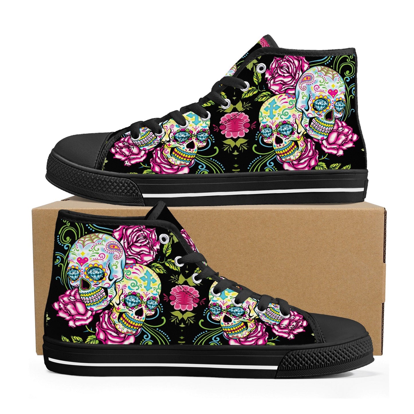 Day of the dead high-top shoes, mexico canvas shoes, floral skull shoes gift, cinco de mayo skull high-top shoes, sugar skull high-top shoes