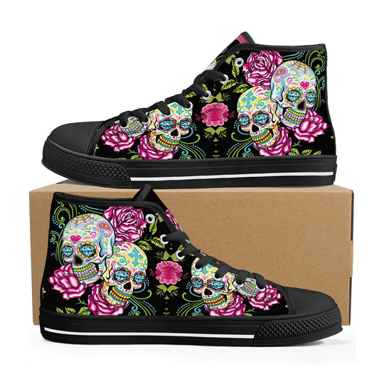 Day of the dead high-top shoes, mexico canvas shoes, floral skull shoes gift, cinco de mayo skull high-top shoes, sugar skull high-top shoes