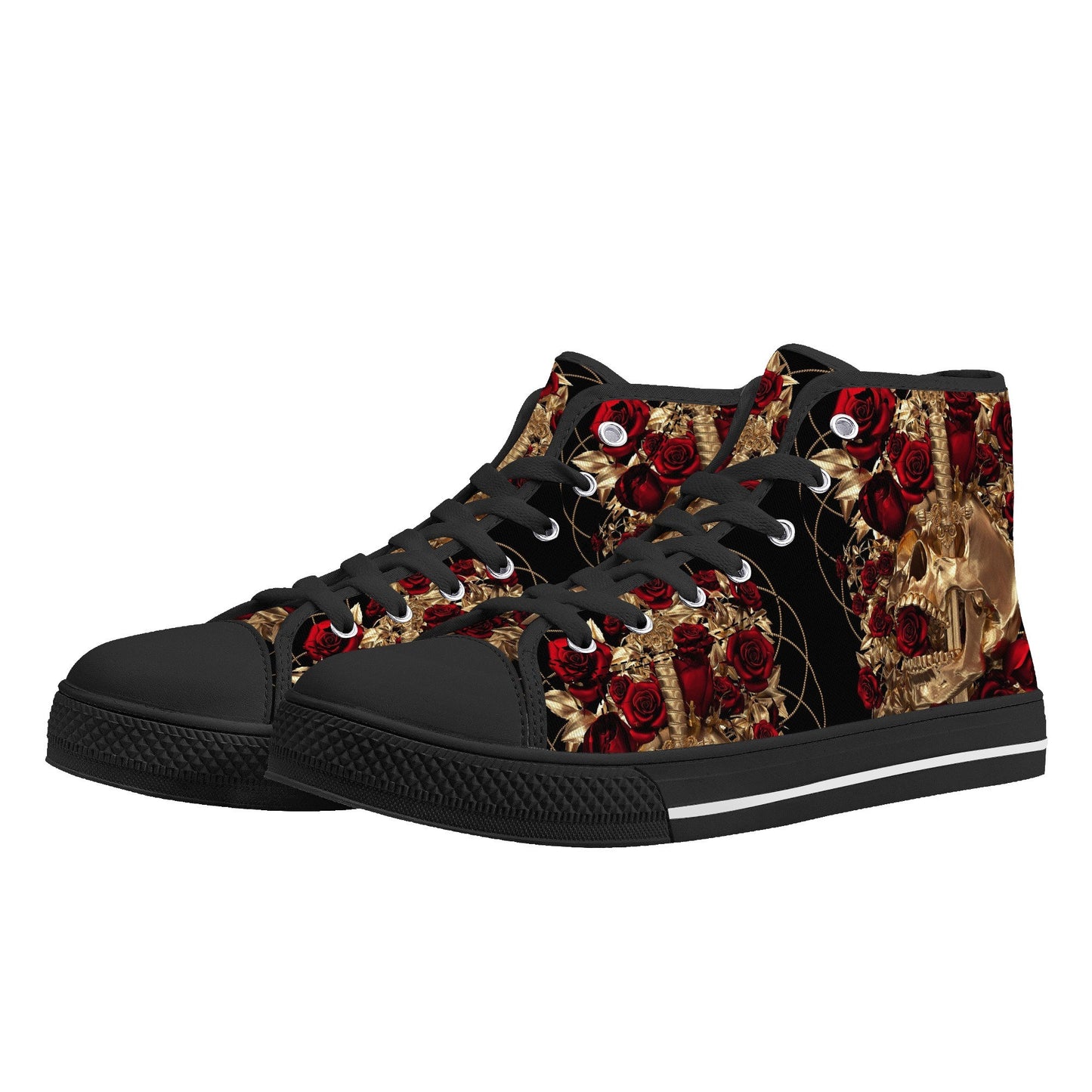Gothic canvas shoes, halloween high top shoes, biker skull shoes gift, horror causual shoes, biker skull high-top shoes, floral skull shoes