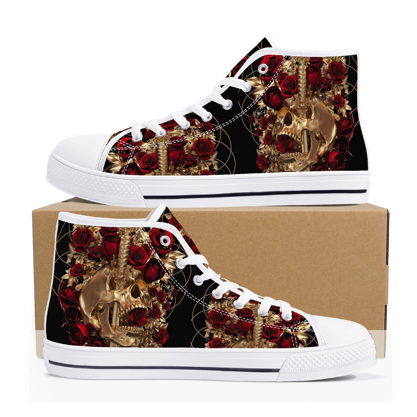 Gothic canvas shoes, halloween high top shoes, biker skull shoes gift, horror causual shoes, biker skull high-top shoes, floral skull shoes