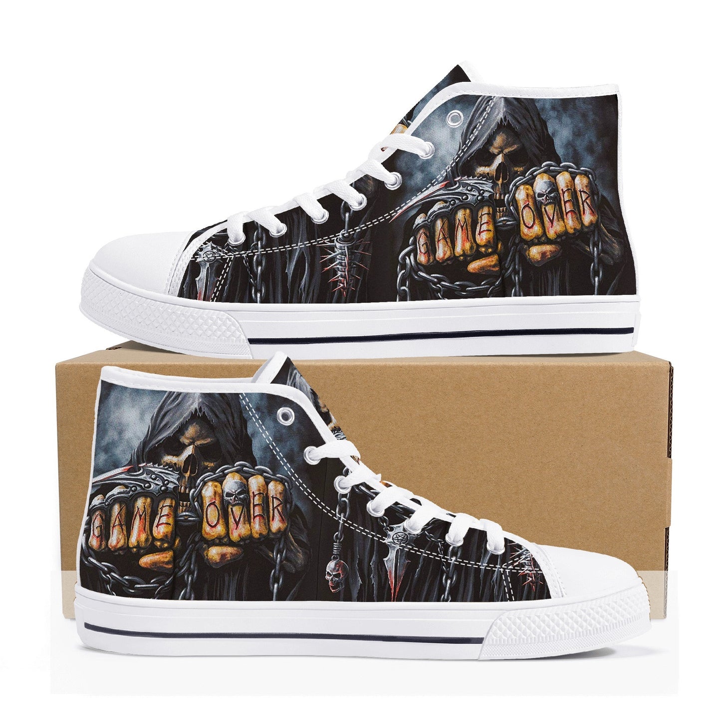 Grim reaper game over skull canvas shoes, reaper skull high top shoes biker skull shoes gift horror causual shoes biker skull high-top shoes