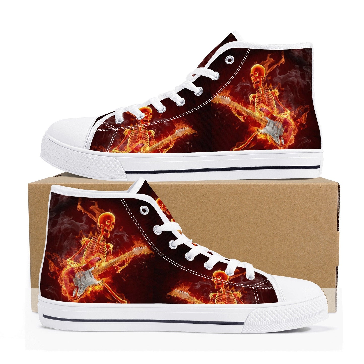 Halloween shoes for him, flame skull men sneakers, goth high top shoes, skeleton women sneakers, skull in fire sneakers gift, skull in fire