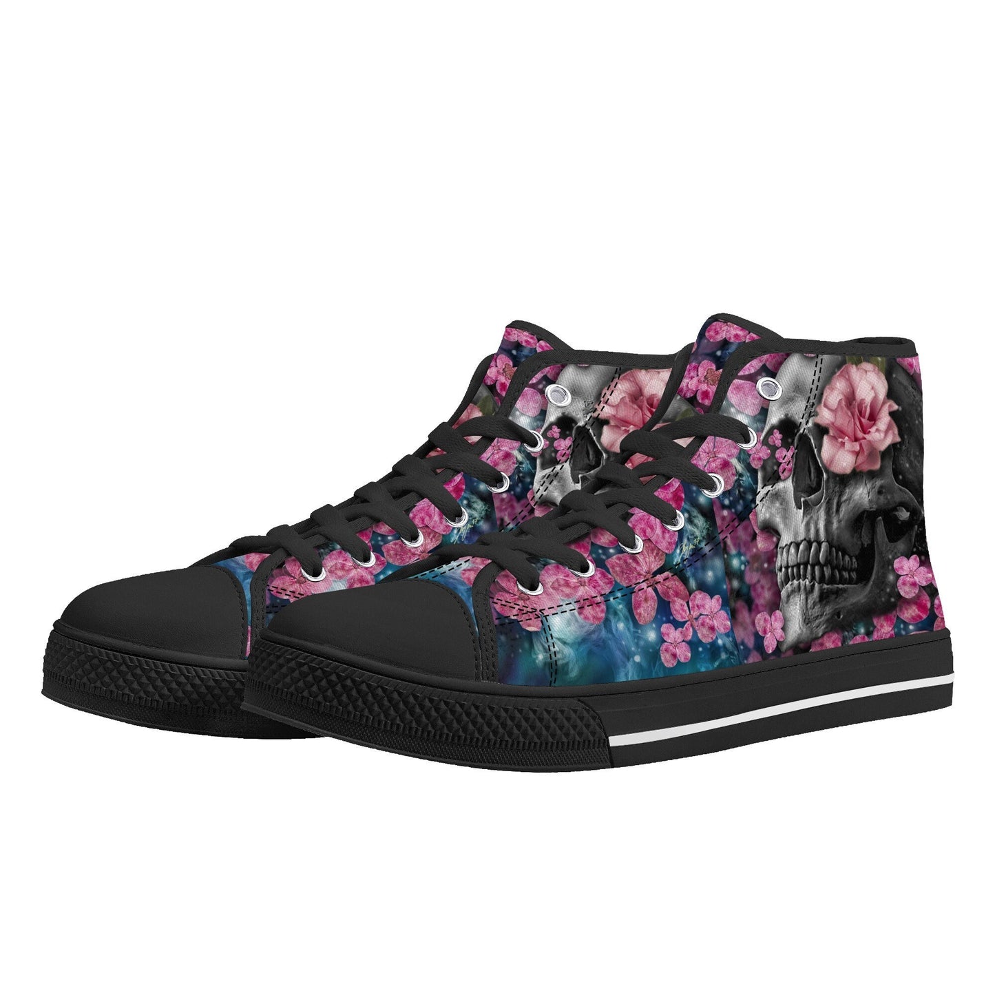 Skull shoes gift goth shoes for him skeleton causual shoes christmas skull shoes gift floral skull canvas shoes, gothic skull high-top shoes