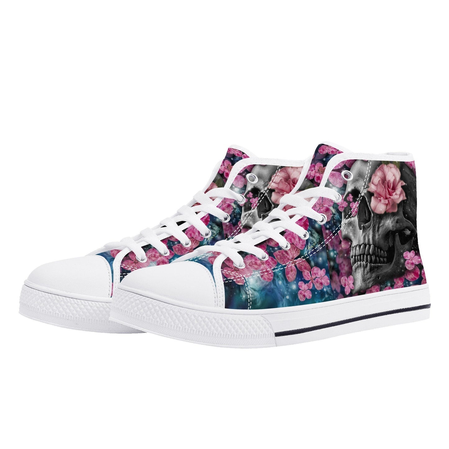Skull shoes gift goth shoes for him skeleton causual shoes christmas skull shoes gift floral skull canvas shoes, gothic skull high-top shoes