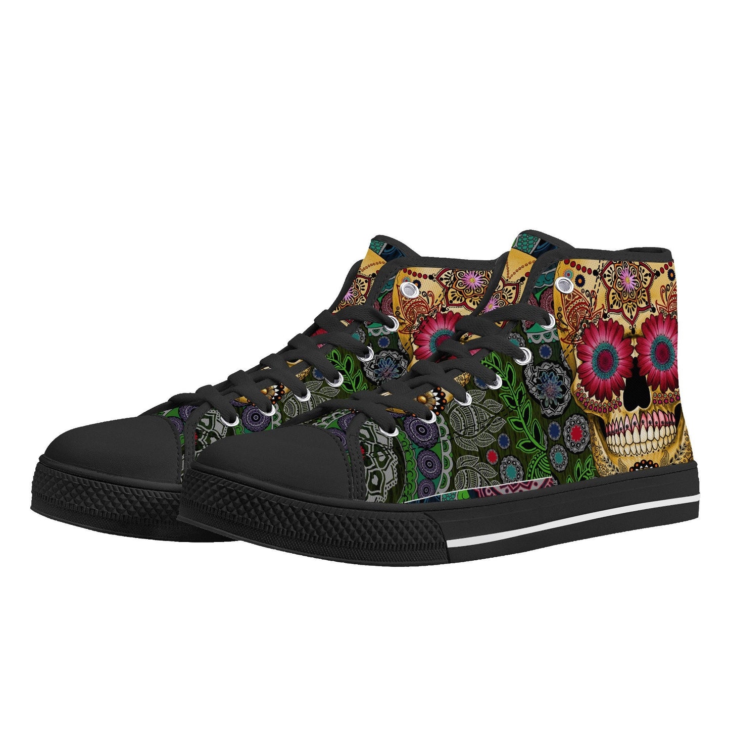 Floral sugar skull sneakers, sugar skull girl hight top sneakers, cinco de mayo skull women shoes, day of the dead women sneakers shoes