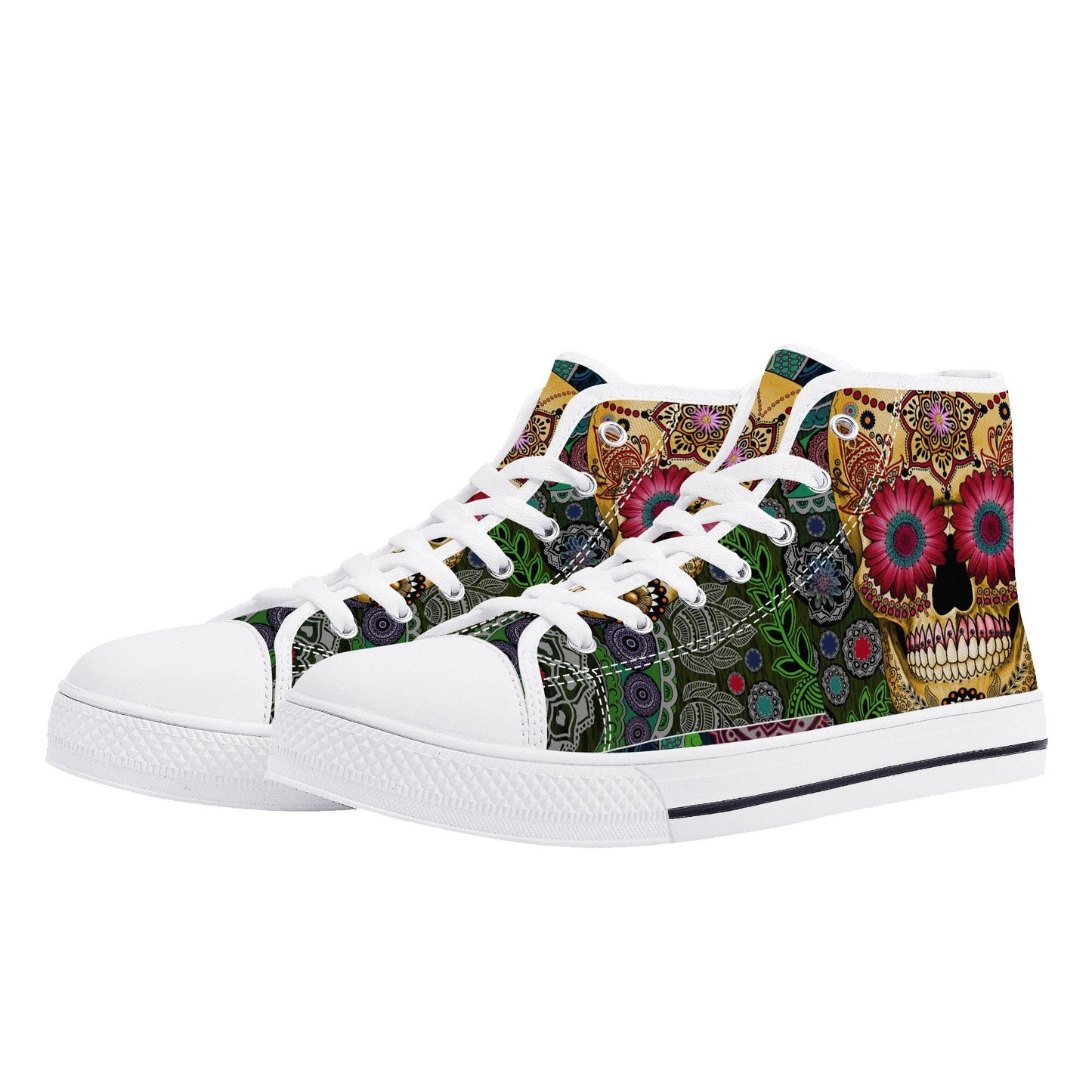 Floral sugar skull sneakers, sugar skull girl hight top sneakers, cinco de mayo skull women shoes, day of the dead women sneakers shoes