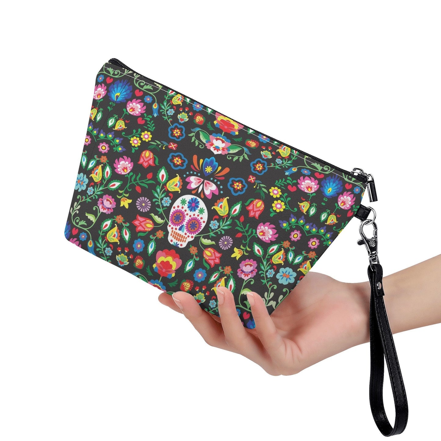 Floral sugar skull purse, floral skull bag with shoulder strap, day of the dead purse mexico cosmetic wallet floral sugar skull cosmetic bag