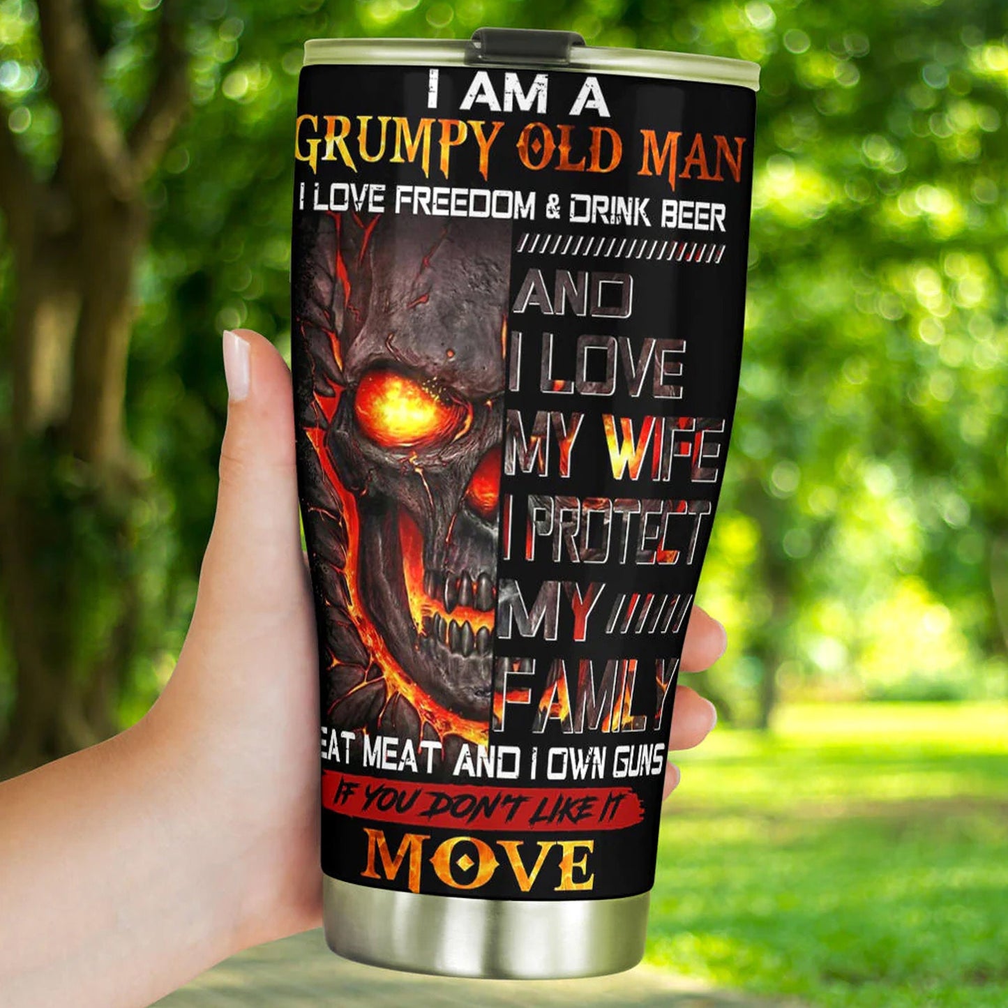 I am a grumpy old man skull tumbler cup, gothic flaming skull tumbler mug Halloween mug grim reaper horror skeleton punisher tumbler cup mug
