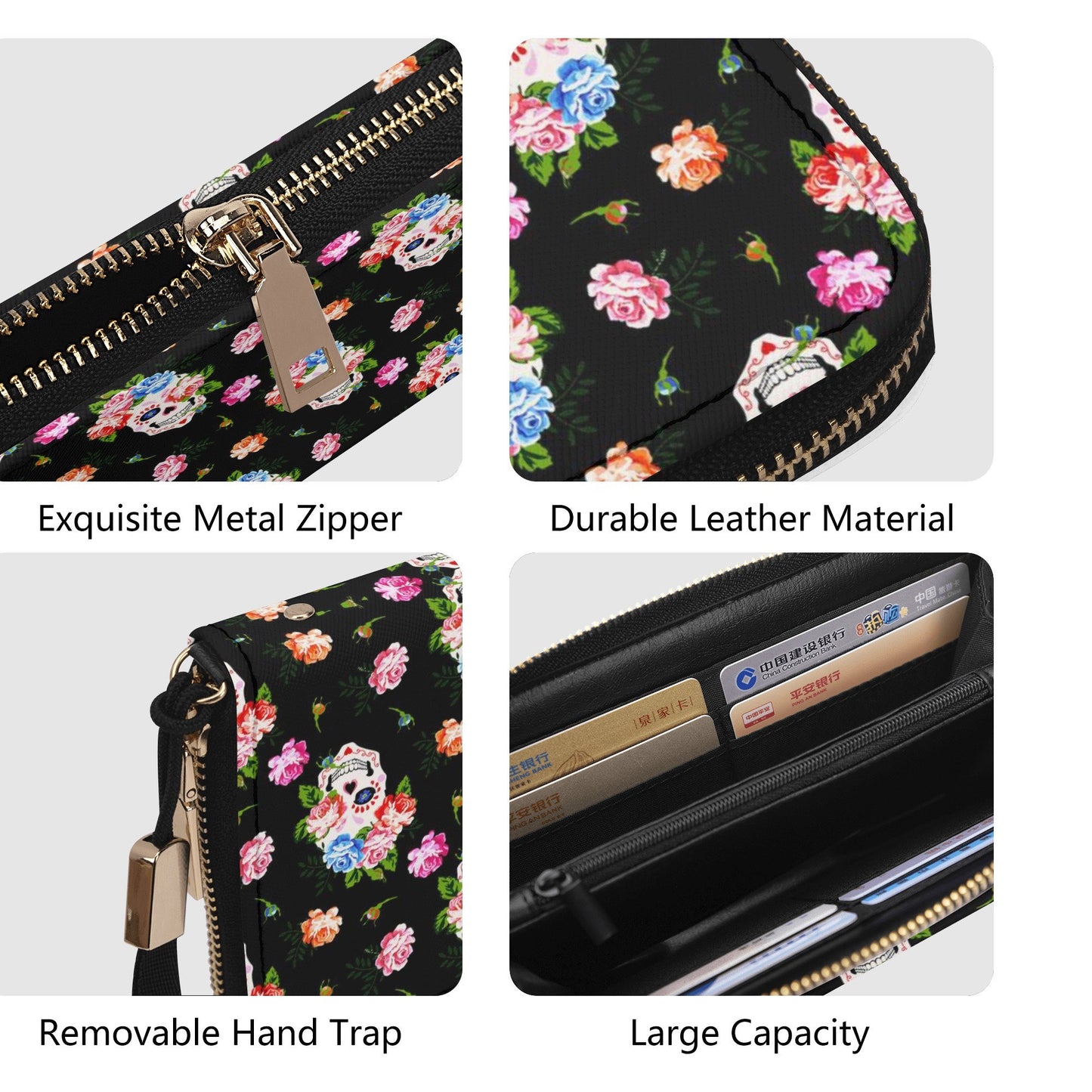 Skull messenger bag, christmas skull long wallet, flaming skull shoulder bag, flaming skull shoulder bag, flower skull messenger bag wallet