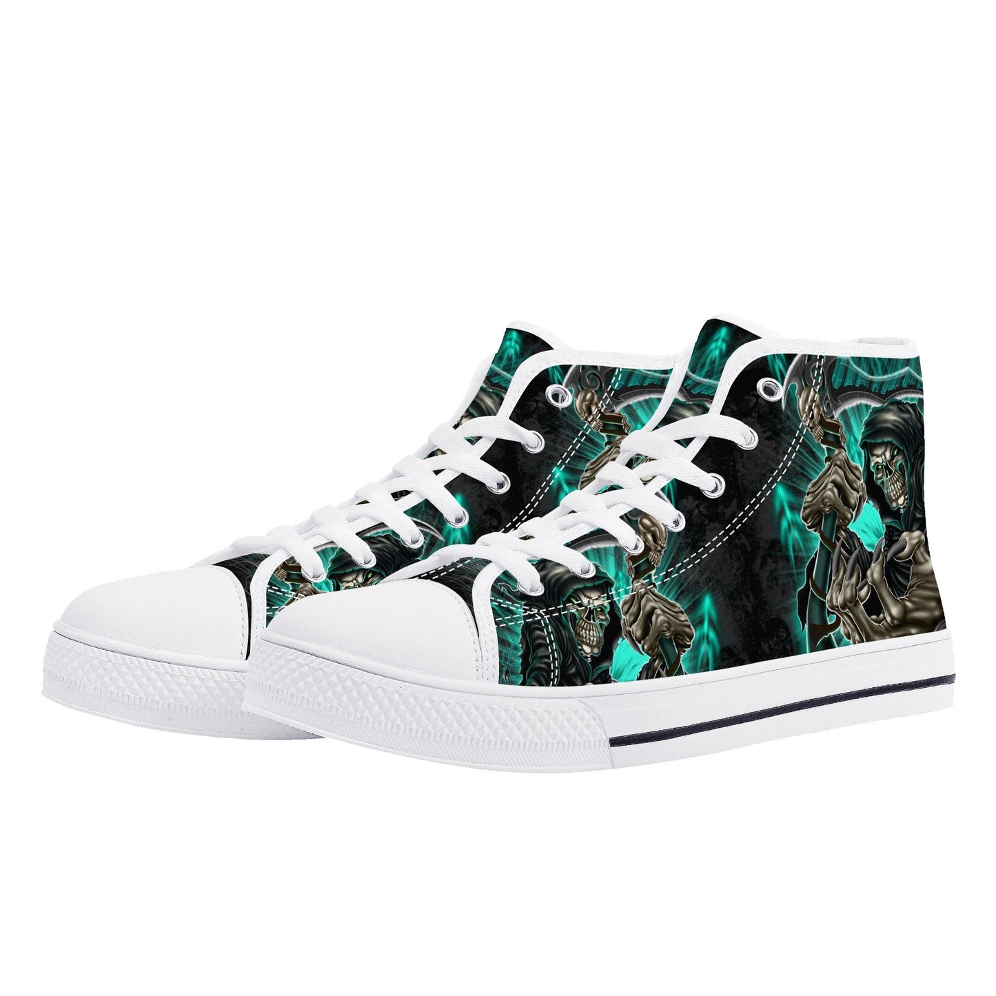 Grim reaper Goth men sneakers, punisher skull high-top shoes, skull in fire shoes, floral skull sneakers, grim reaper men shoes men shoes