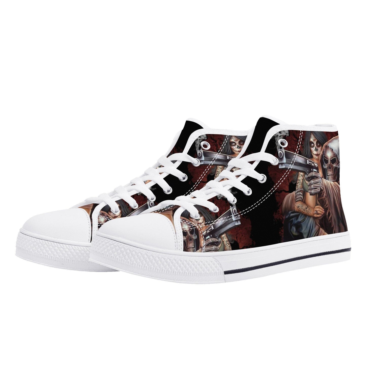 Grim reaper shoes for her, flame skull shoes gift, flower skull causual sneakers, horror shoes for her, biker skull hight top sneakers