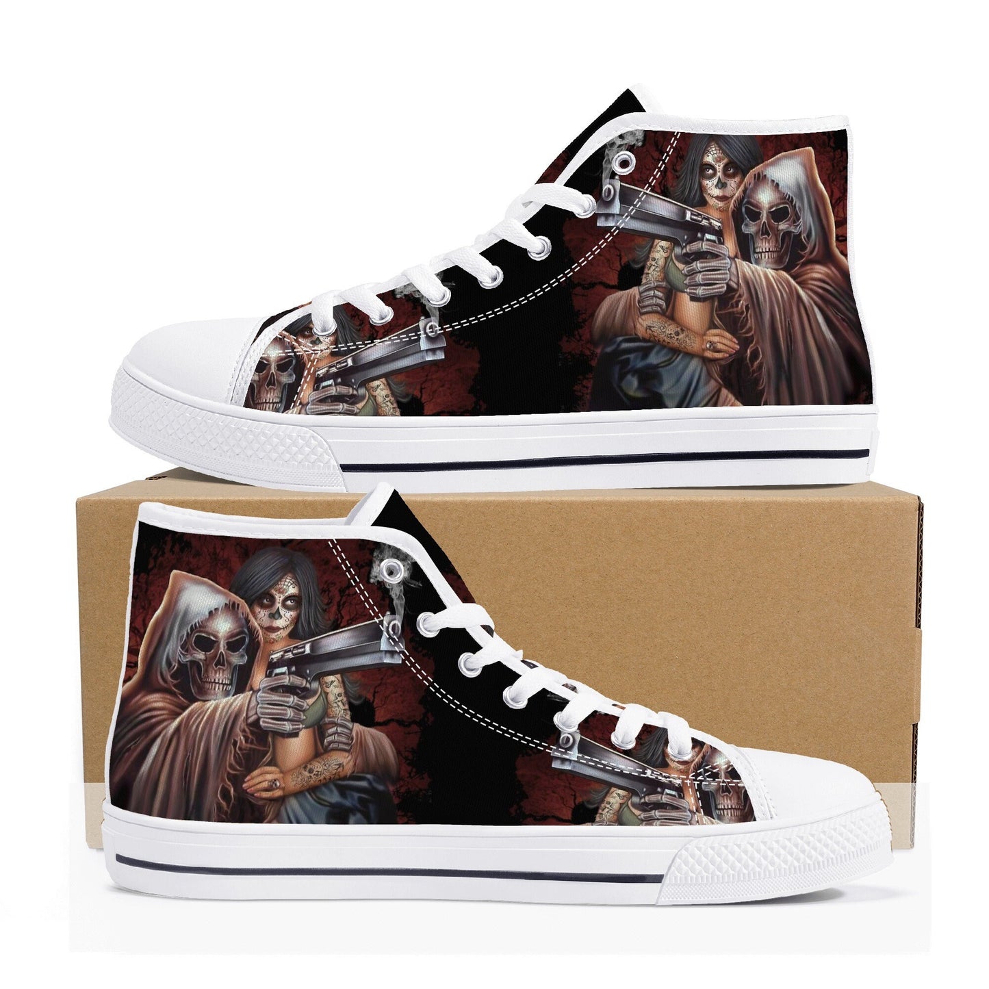Grim reaper shoes for her, flame skull shoes gift, flower skull causual sneakers, horror shoes for her, biker skull hight top sneakers