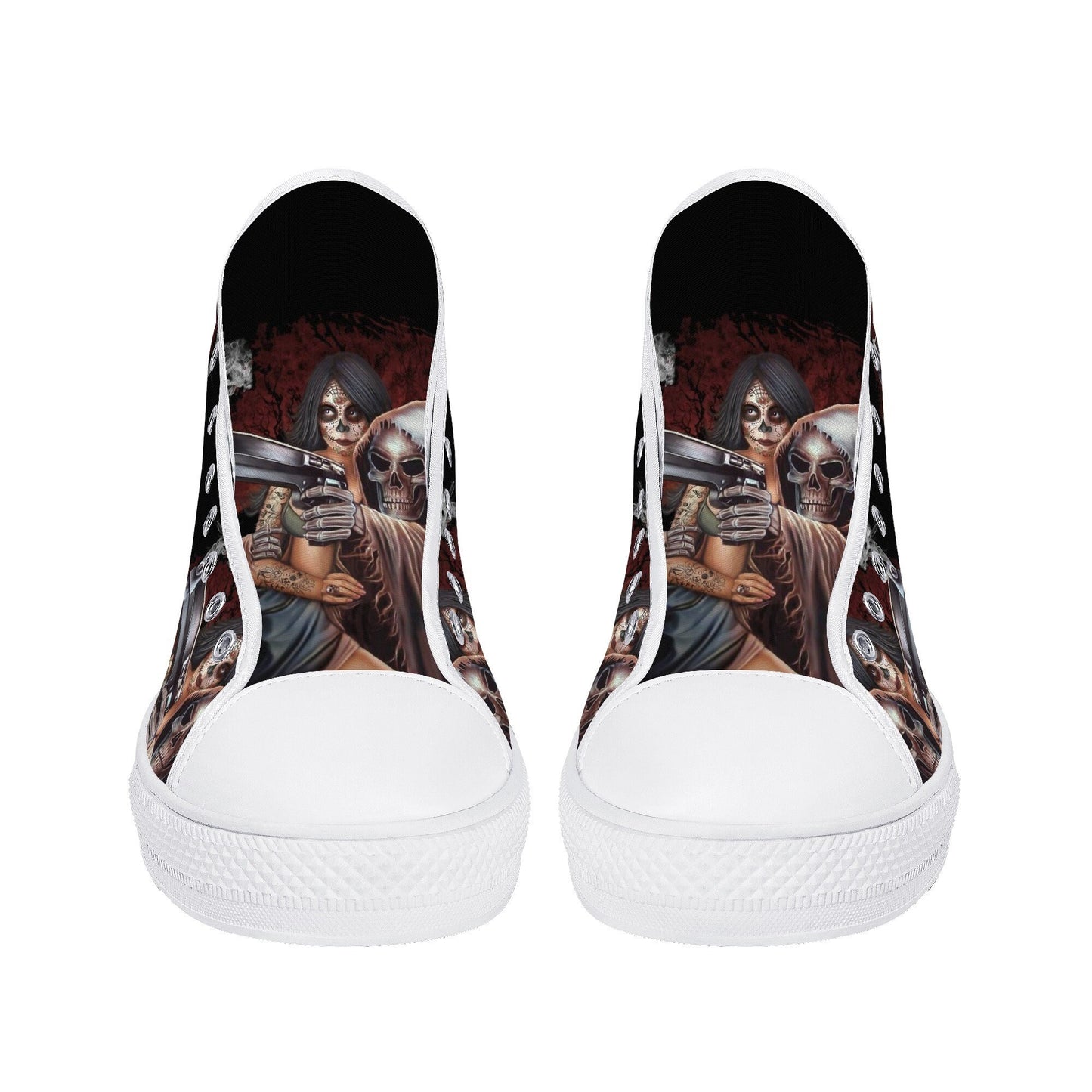 Grim reaper shoes for her, flame skull shoes gift, flower skull causual sneakers, horror shoes for her, biker skull hight top sneakers