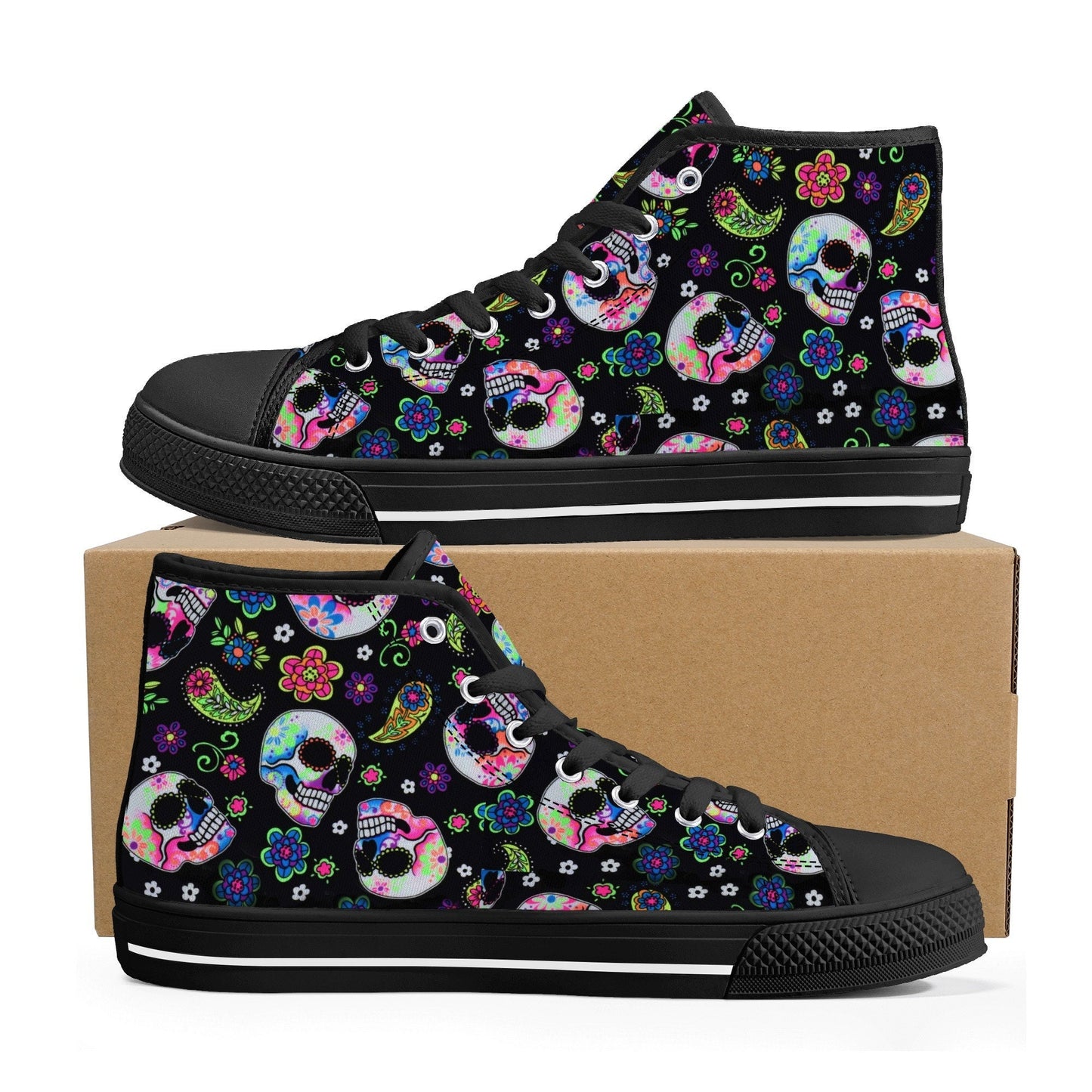Floral skull shoes gift, floral skull high-top shoes, candy skull shoes for her, mexican skull men shoes mexican skull canvas shoes sneakers