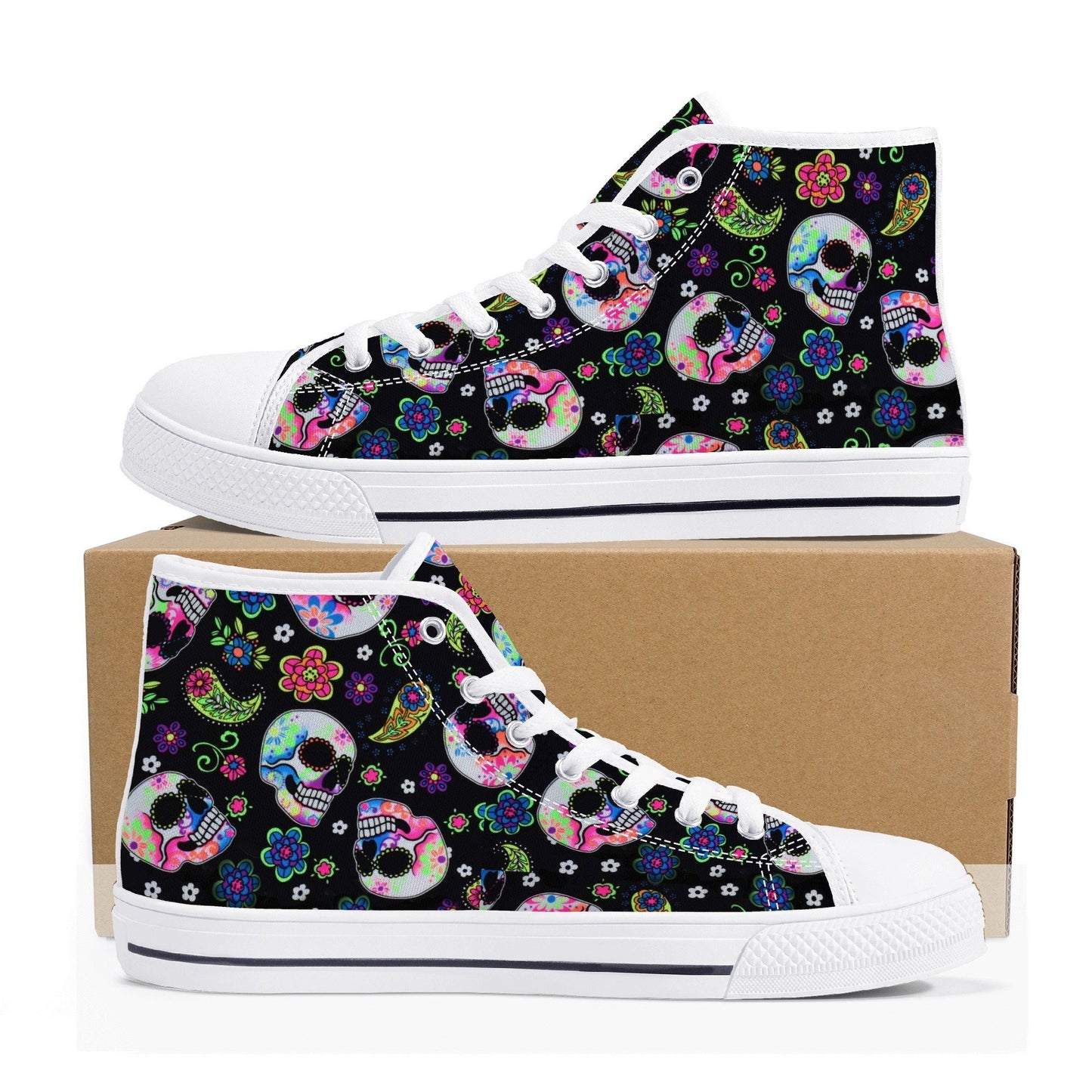 Floral skull shoes gift, floral skull high-top shoes, candy skull shoes for her, mexican skull men shoes mexican skull canvas shoes sneakers