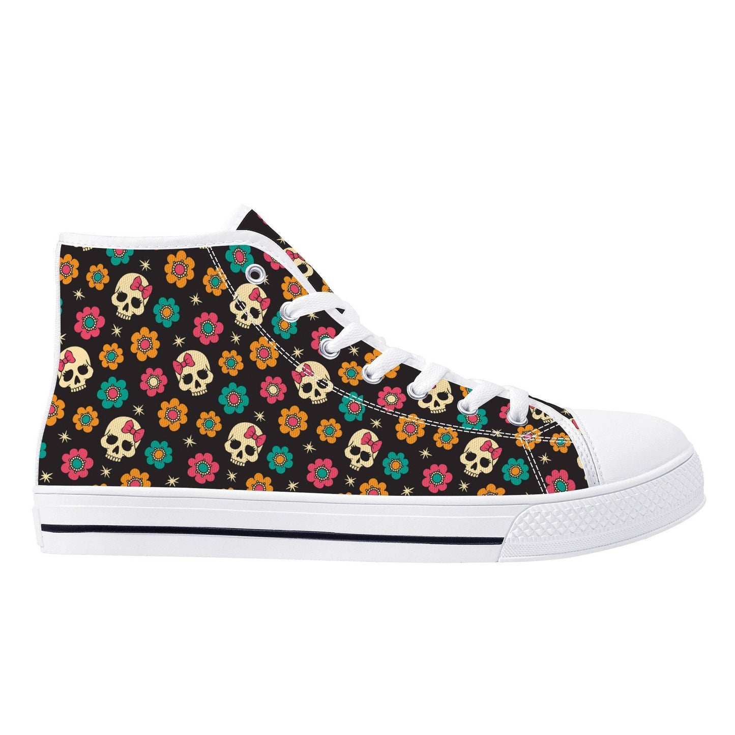 Flower skull shoes, halloween hight top sneakers, punisher skull women sneakers, motorcycle skull high-top shoes, halloween causual shoes