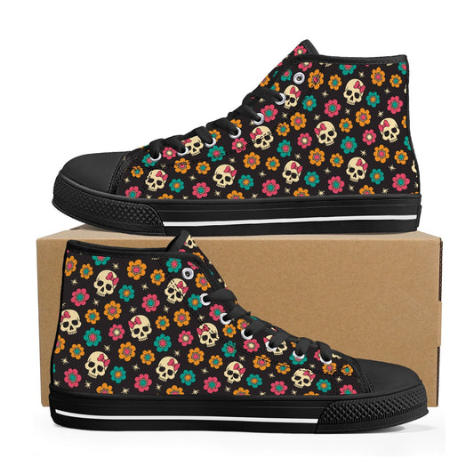 Flower skull shoes, halloween hight top sneakers, punisher skull women sneakers, motorcycle skull high-top shoes, halloween causual shoes