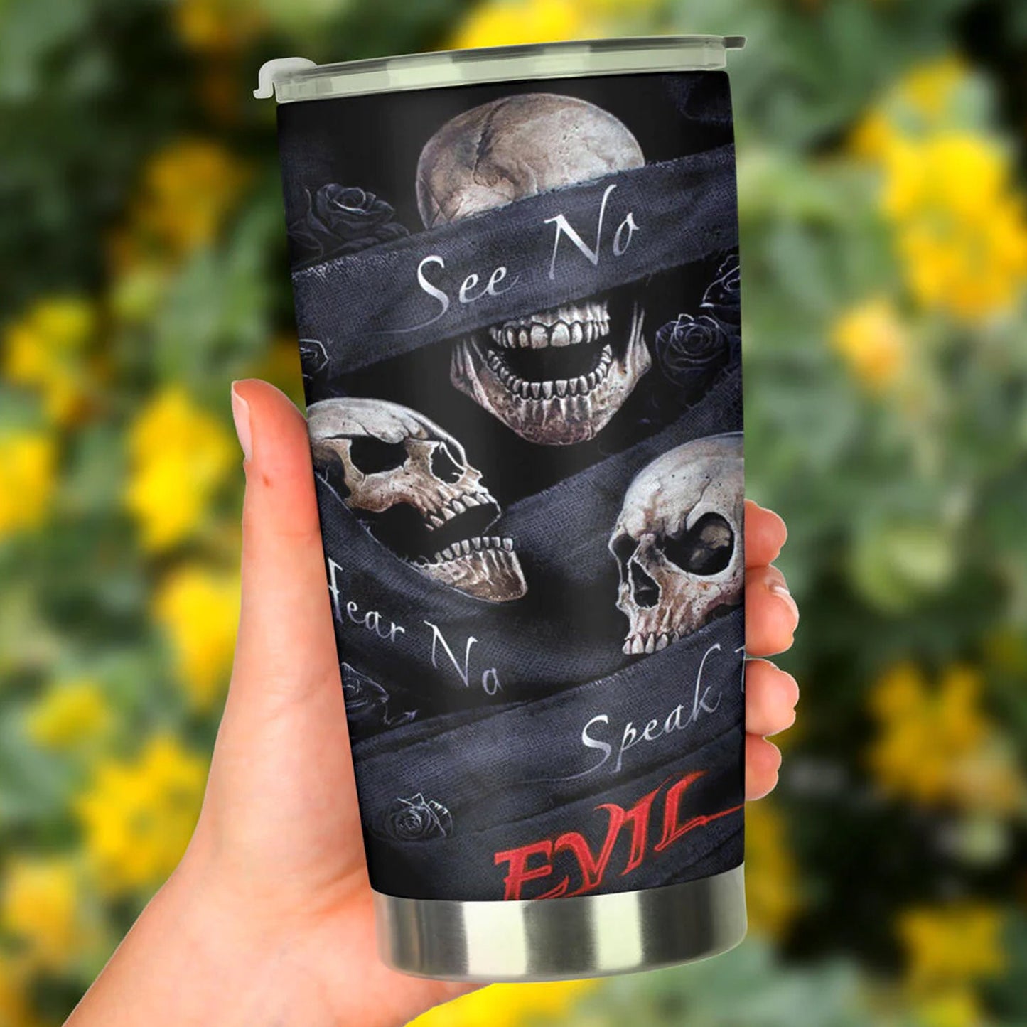 No see no hear no speak evil skull tumbler cup mug, Punisher skull tumbler cup mug, biker skull travel mug, christmas skull mug, gothic mug