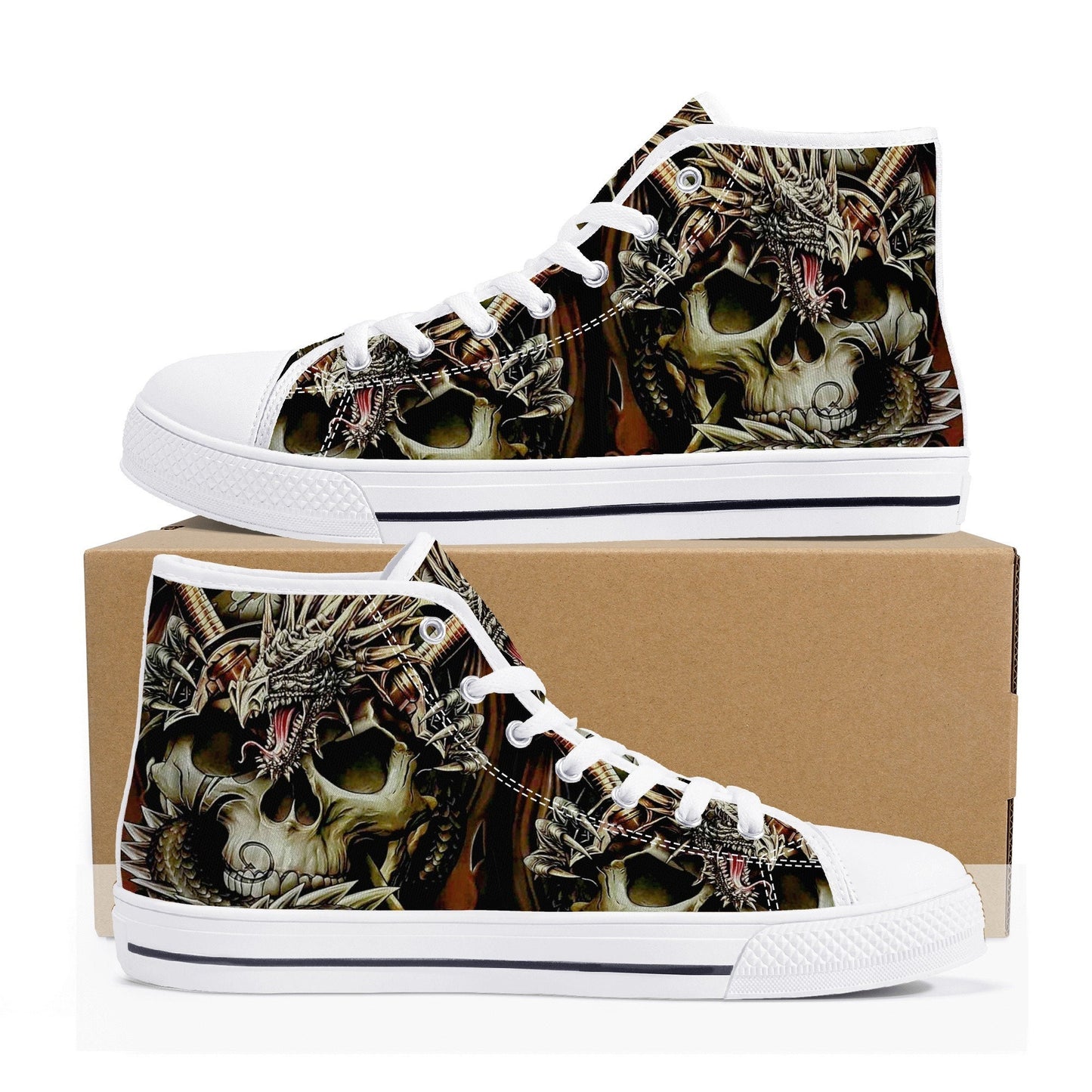 Dragon skull causual sneakers, skull sneakers gift, horror sneakers gift, flaming skull sneakers gift, skull high top shoes, christmas skull